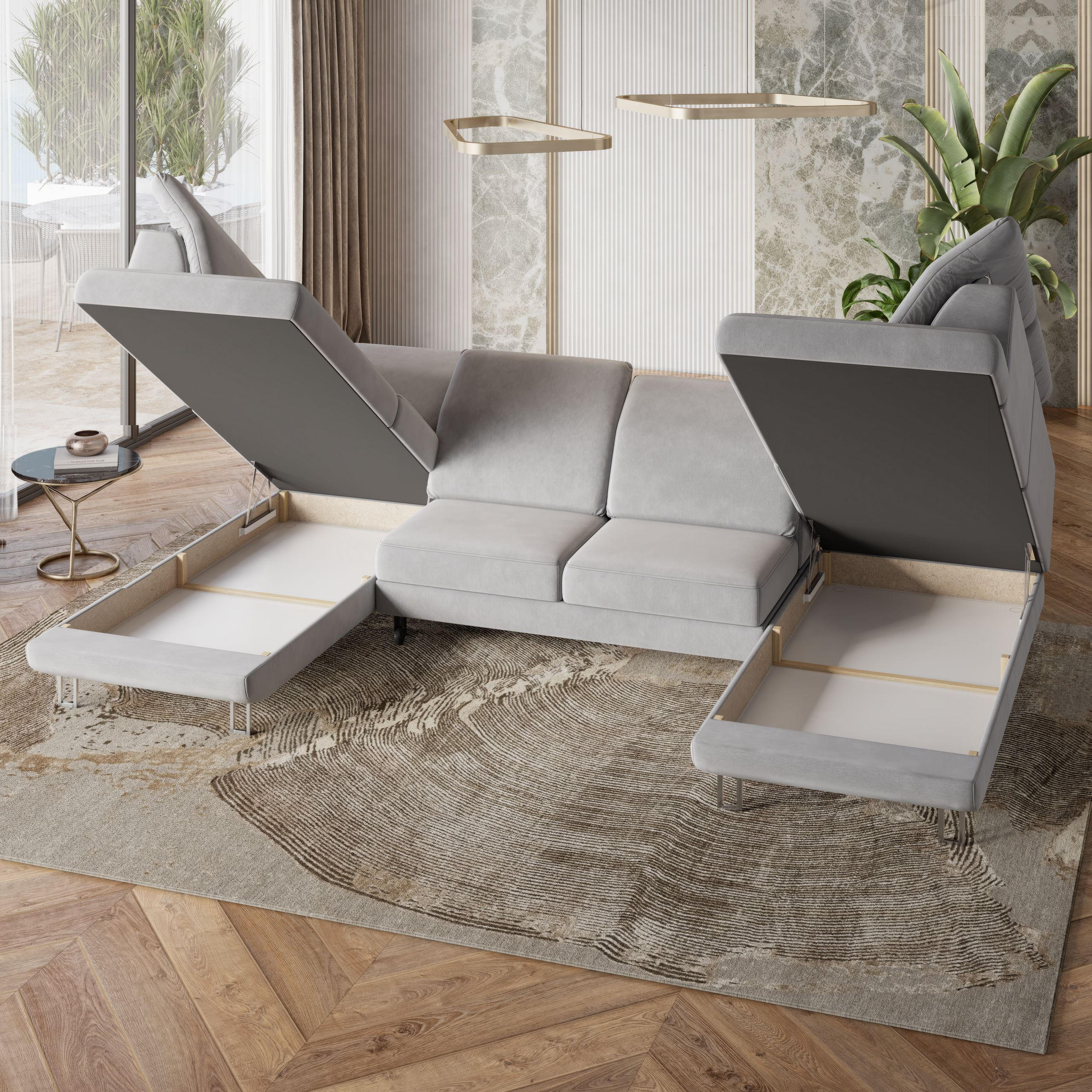 WOHNLANDSCHAFT TERAMO Braun Velours-Stoff mit Schlaffunktion - Braun, Holz (316/88/193cm) - MASSENO