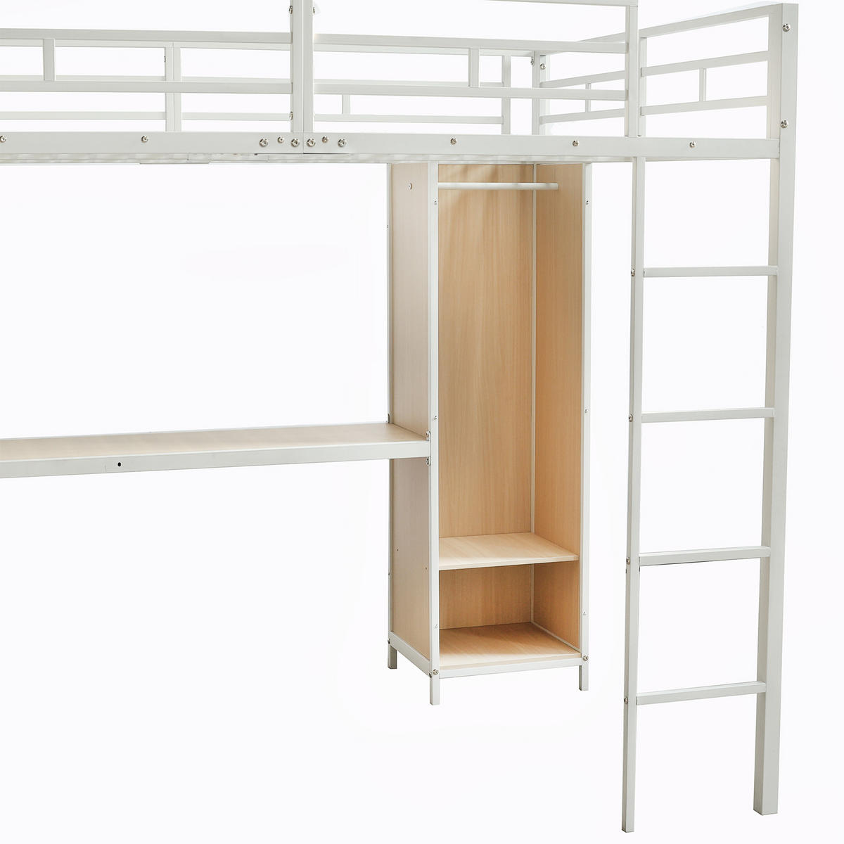 HOCHBETT 140/200 cm in Weiß & Natur mit Kleiderschrank, Stauraum und Schreibtisch - Weiß, Holzwerkstoff/Metall (140/200cm) - CHICFURN