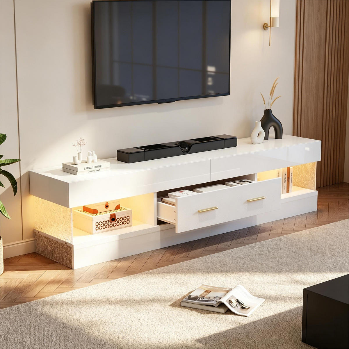 TV-ELEMENT 152/35/40 cm Weiß mit LED-Beleuchtung, Schubladen und Acrylglasplatte - Weiß, Holzwerkstoff (35/40/152cm) - Korfee