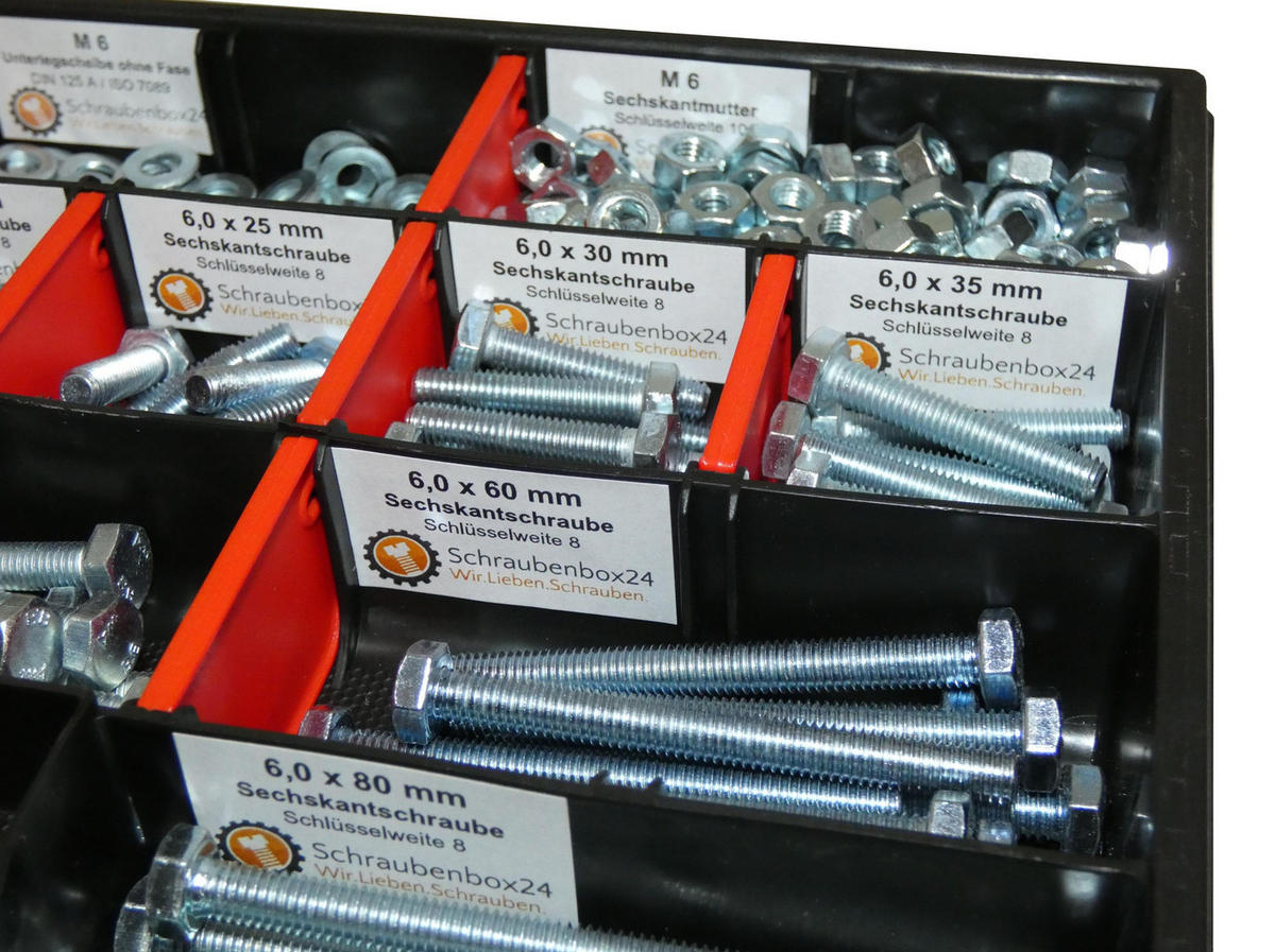 SCHRAUBENSET mit Sechskantschrauben, Muttern, Unterlegscheiben und Federringen M6 // 12mm-80mm 480 tlg - Zinkfarben, Metall (6/3.5cm) - Schraubenbox24
