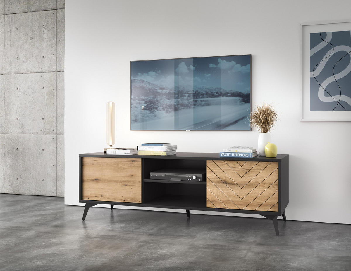 TV-SCHRANK Loft 154 cm Emerald - 2 Türen, Schwarz, Evoke Eiche - Braun, Holz (154/50/39cm) - Emporius