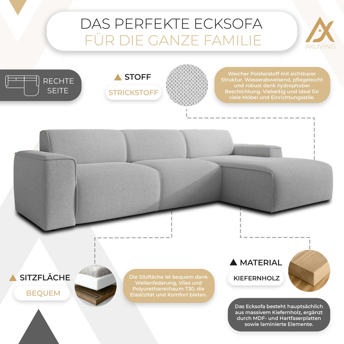 ECKSOFA L Form Didim mini Ivory 310/165/78 cm – stilvolle kleine Eckcouch R - Greige/Champagner, Kunststoff/Textil (310/165cm) - AX Living