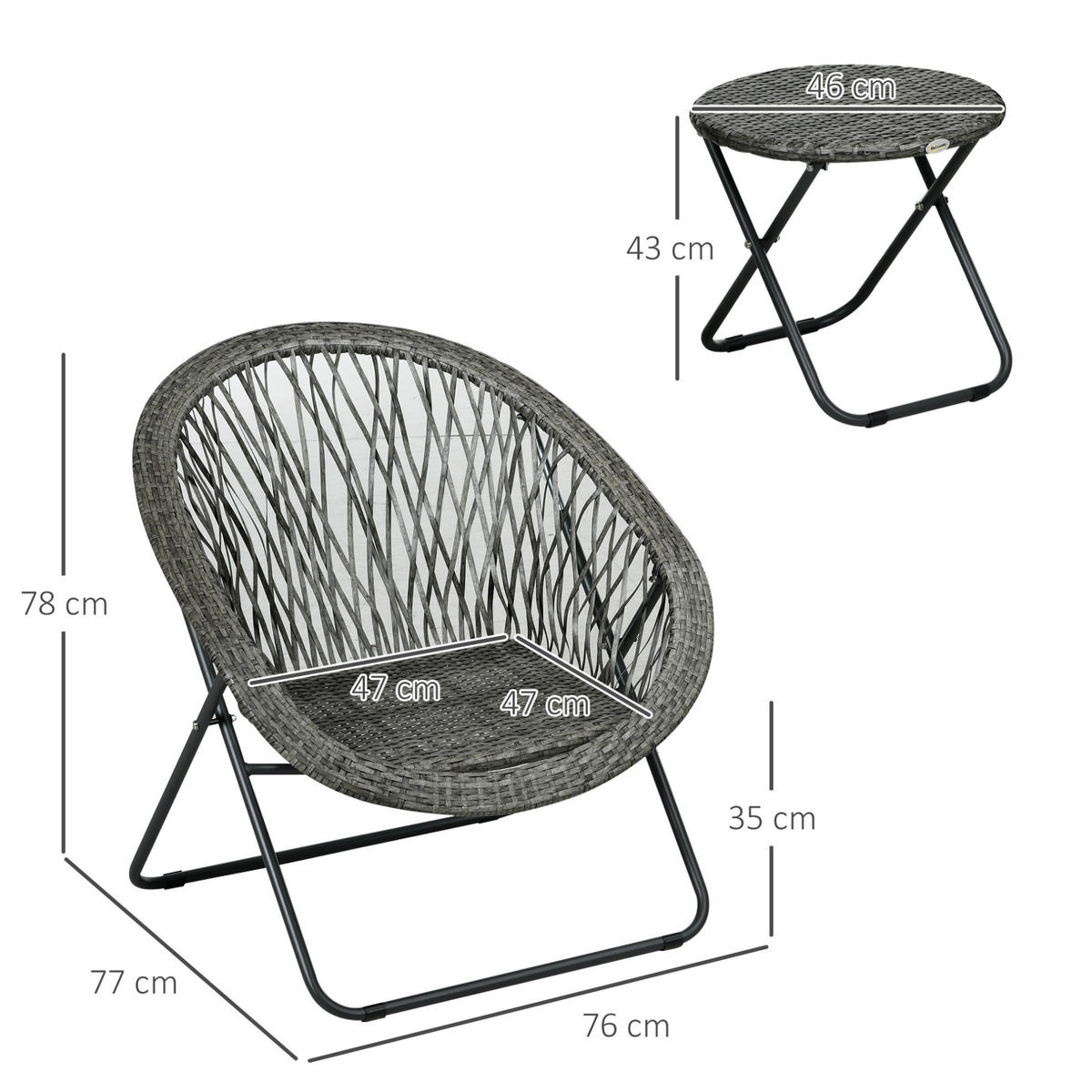 GARTENGARNITUR aus Rattan 77x76x78 cm Grau klappbar mit 2 Stühlen und rundem Tisch - Grau, Naturmaterialen - Modfu