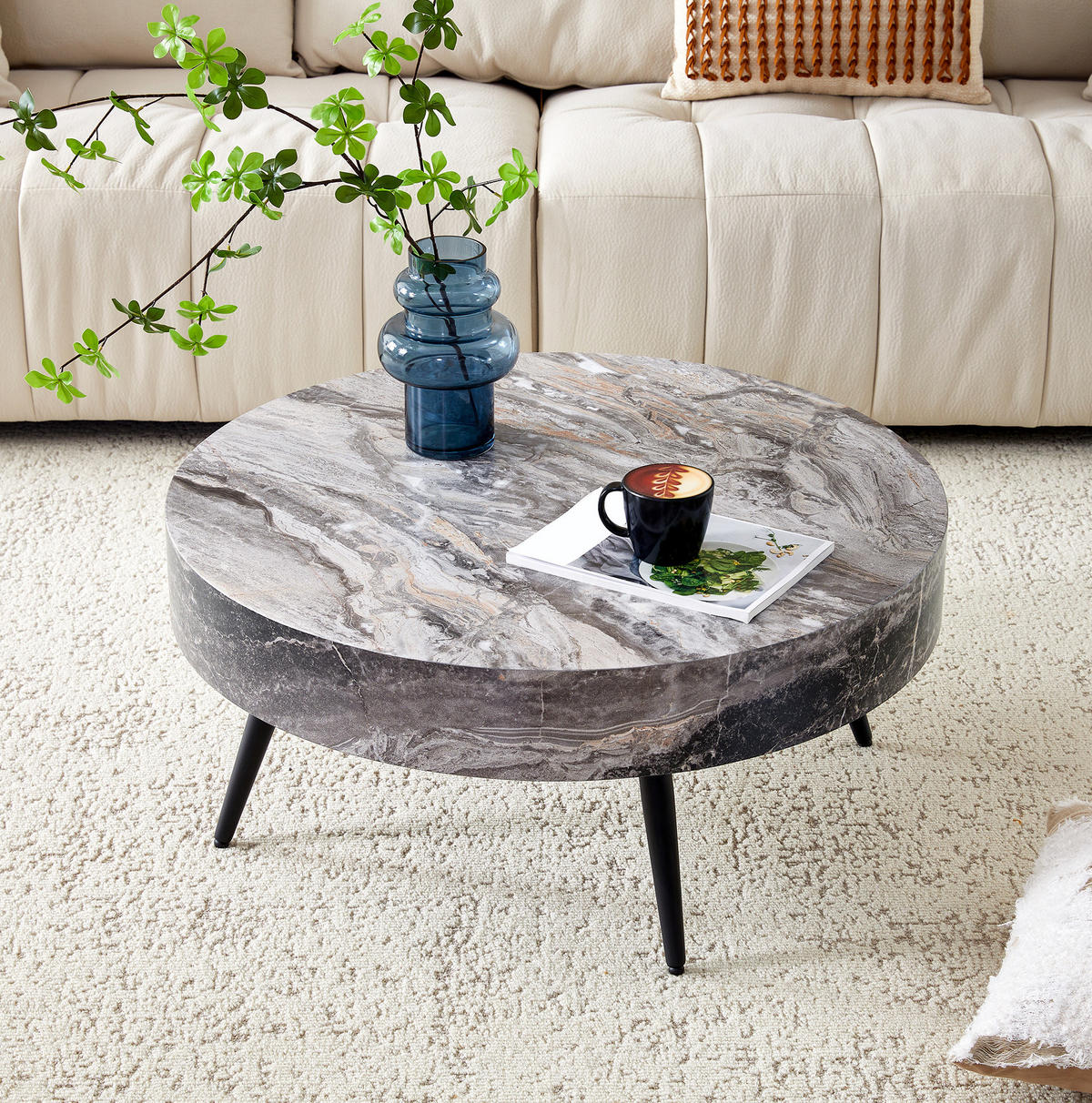 COUCHTISCH 70/70/35,5 cm aus MDF und Metall mit Marmoroptik und verstellbaren Füßen, Schwarz/Grau - Schwarz, Holzwerkstoff (70/70/35.5cm) - Redom