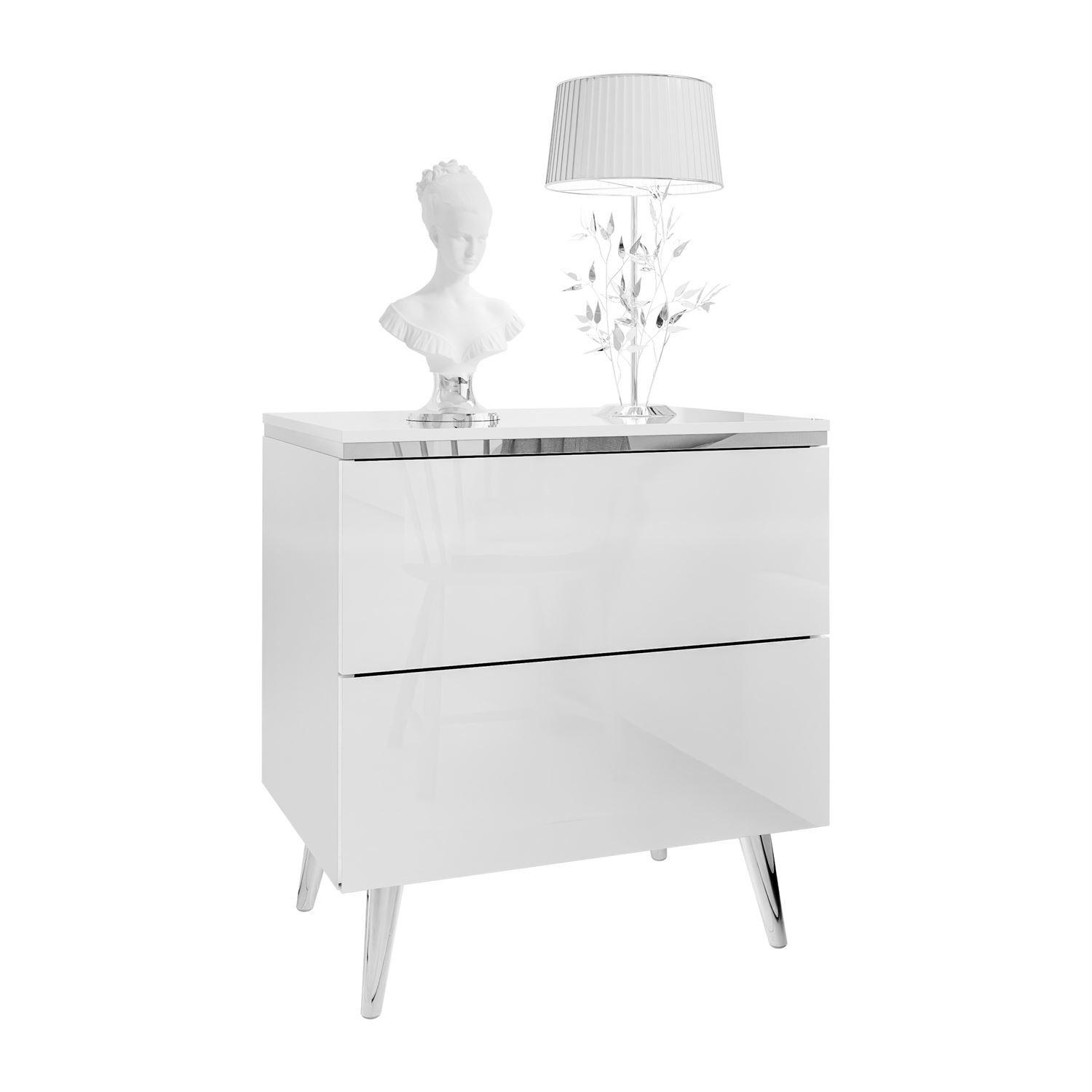 NACHTTISCH AURORA II SILVER Hochglanz Weiß mit LED-Beleuchtung – mit schrägen verchromten Beinen - Weiß Hochglanz, Holzwerkstoff (50/53/37cm) - Lookway