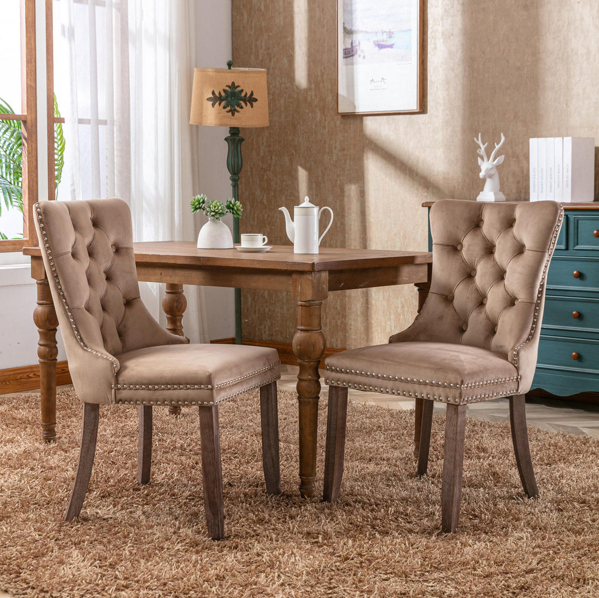 ESSZIMMERSTUHL Samt mit hoher Rückenlehne Massivholzgestell Khaki 2er-Set - Braun, Holz (50/95/65cm) - Meubliv