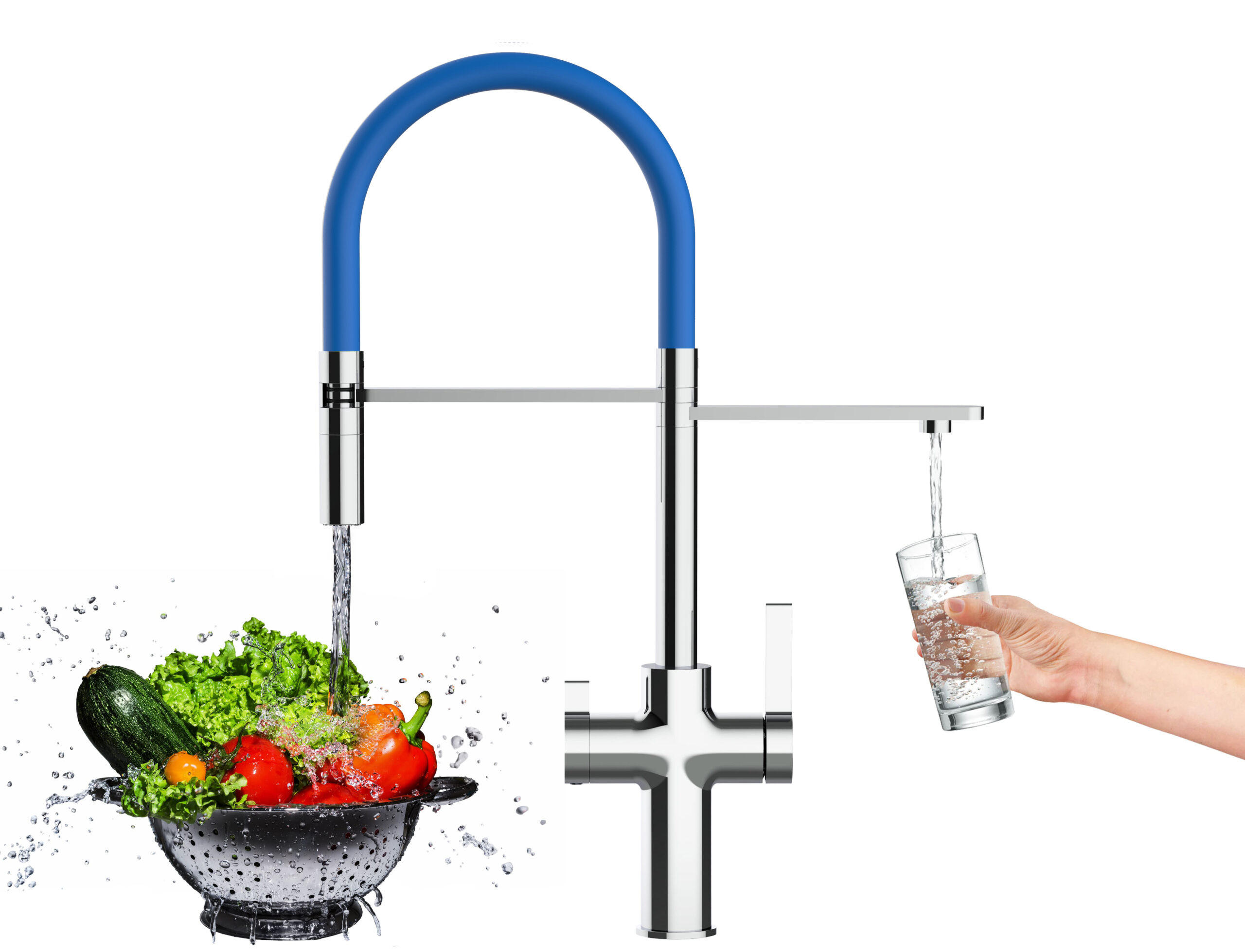 NIEDERDRUCK-3-WEGE-KÜCHENARMATUR, Verchromt und Blau, 2-Strahl-Brause - Blau, Metall (20.61/48/20.61cm) - VIZIO