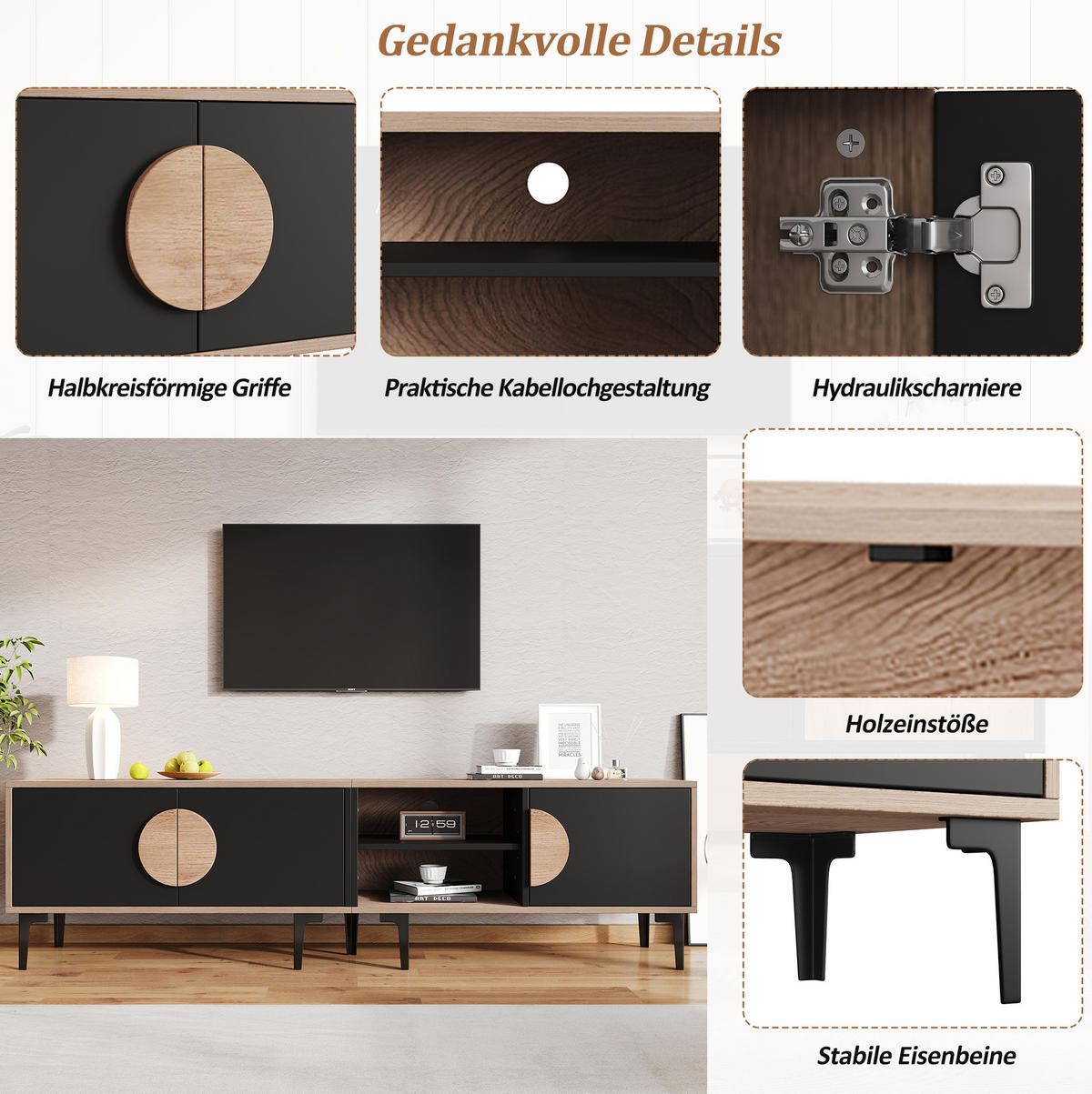 TV-LOWBOARD aus Spanplatte 180x35x49 cm Eichefarben/Schwarz mit 3 Türen und 2 offenen Fächern - Schwarz, Holzwerkstoff (180/49/35cm) - Modfu
