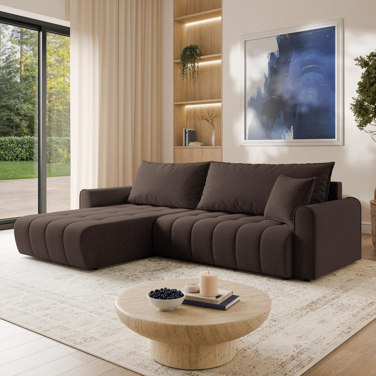 ECKSOFA FRIGA Braun Strukturstoff mit Schlaffunktion - Braun, Holz (283/185cm) - MASSENO