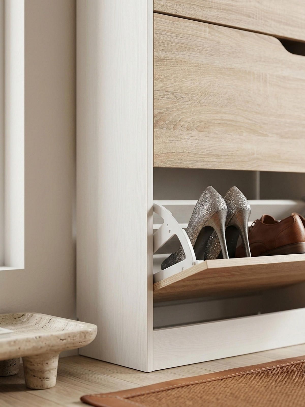 SCHUHSCHRANK – Weiß/Sonoma Eiche, 4 Fächer, für ca. 24 Paar Schuhe - Weiß, Holz (60/150/24cm) - KADIMA DESIGN