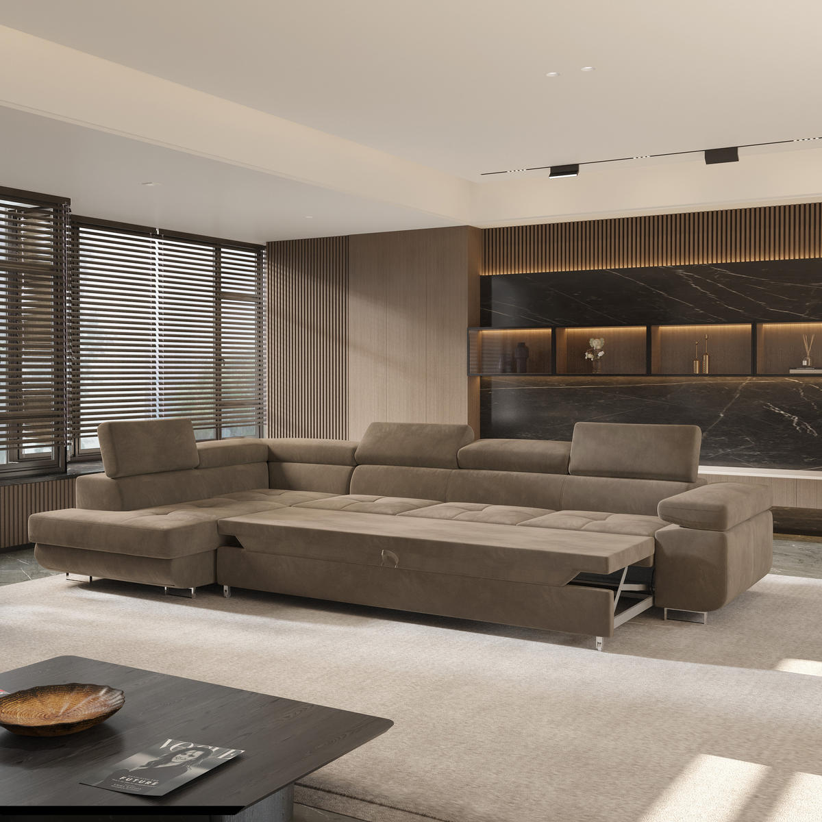 ECKSOFA VICENTE Beige Velours-Stoff mit Schlaffunktion - Beige, Holz (346/202cm) - MASSENO