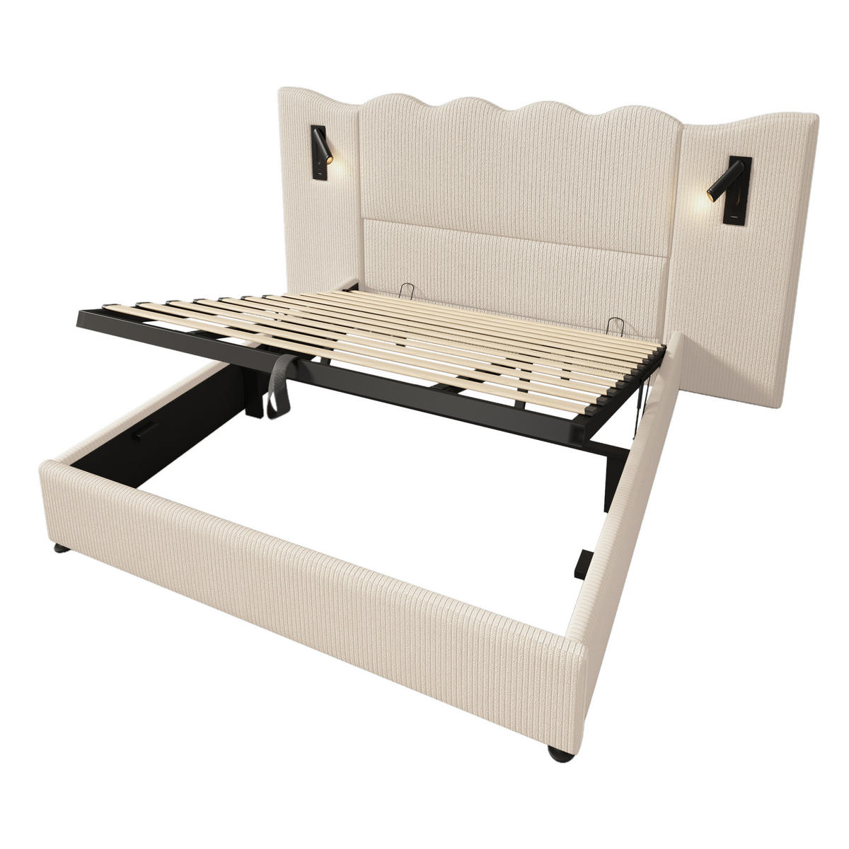 POLSTERBETT 180/200 cm mit Leselampe, USB- und Type-C-Anschluss, hydraulischem Bettkasten und Cordbezug, Beige-Weiß - Beige, Leder (180/200cm) - Redom