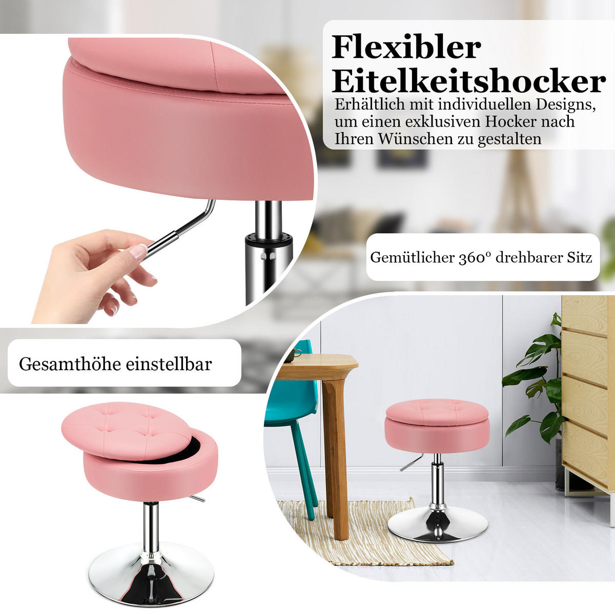 SCHMINKHOCKER Rosa - Pink, Metall (41/66/41cm) - COSTWAY