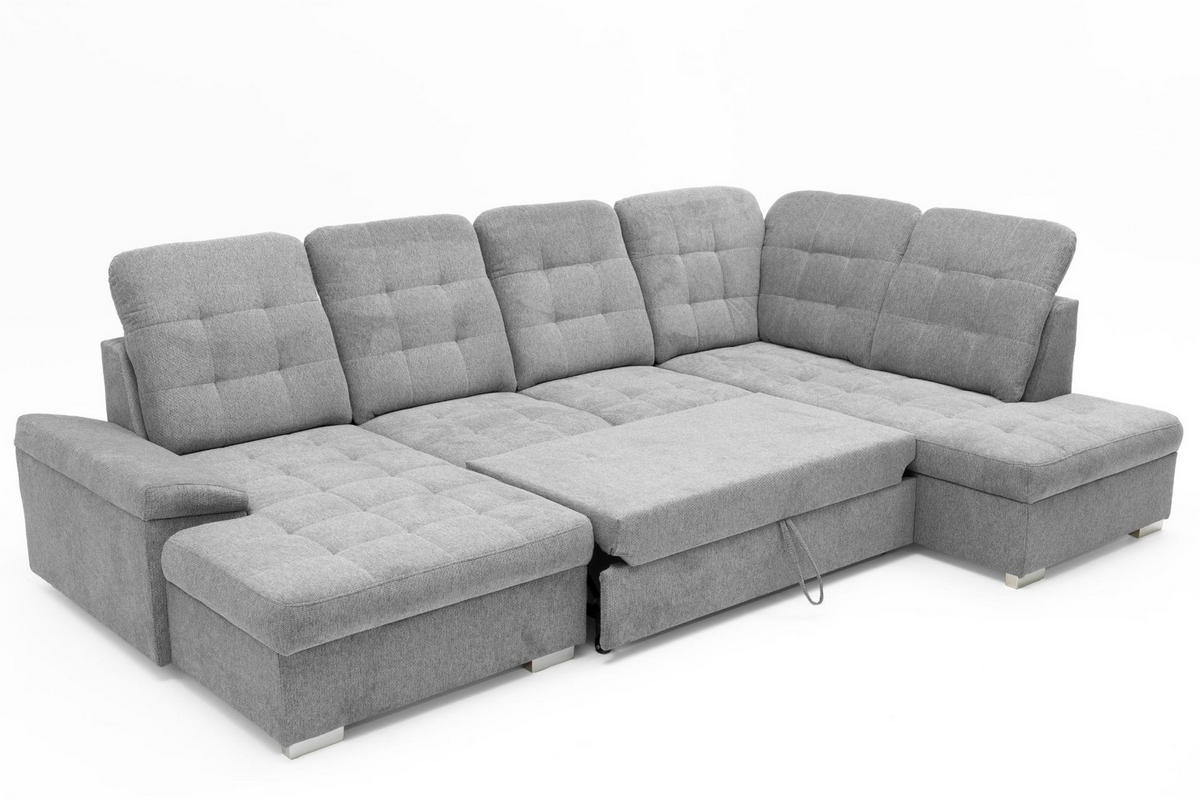 ECKSOFA U-Form OLIVIA U Rechts mit Schlaffunktion 124x257 Velours Hellgrau - Silberfarben/Hellgrau, Holz/Kunststoff (202/103/320cm) - Muffo