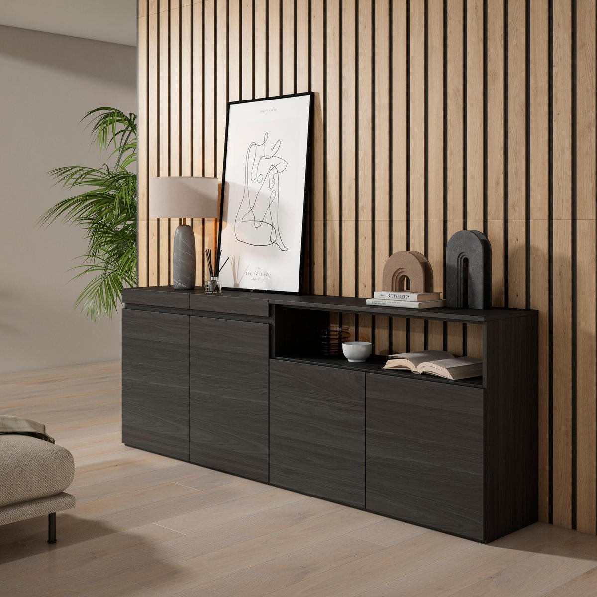 SIDEBOARD schwarz, 200/35/75cm - Schwarz, Holzwerkstoff (200/75/35cm) - Skraut Home