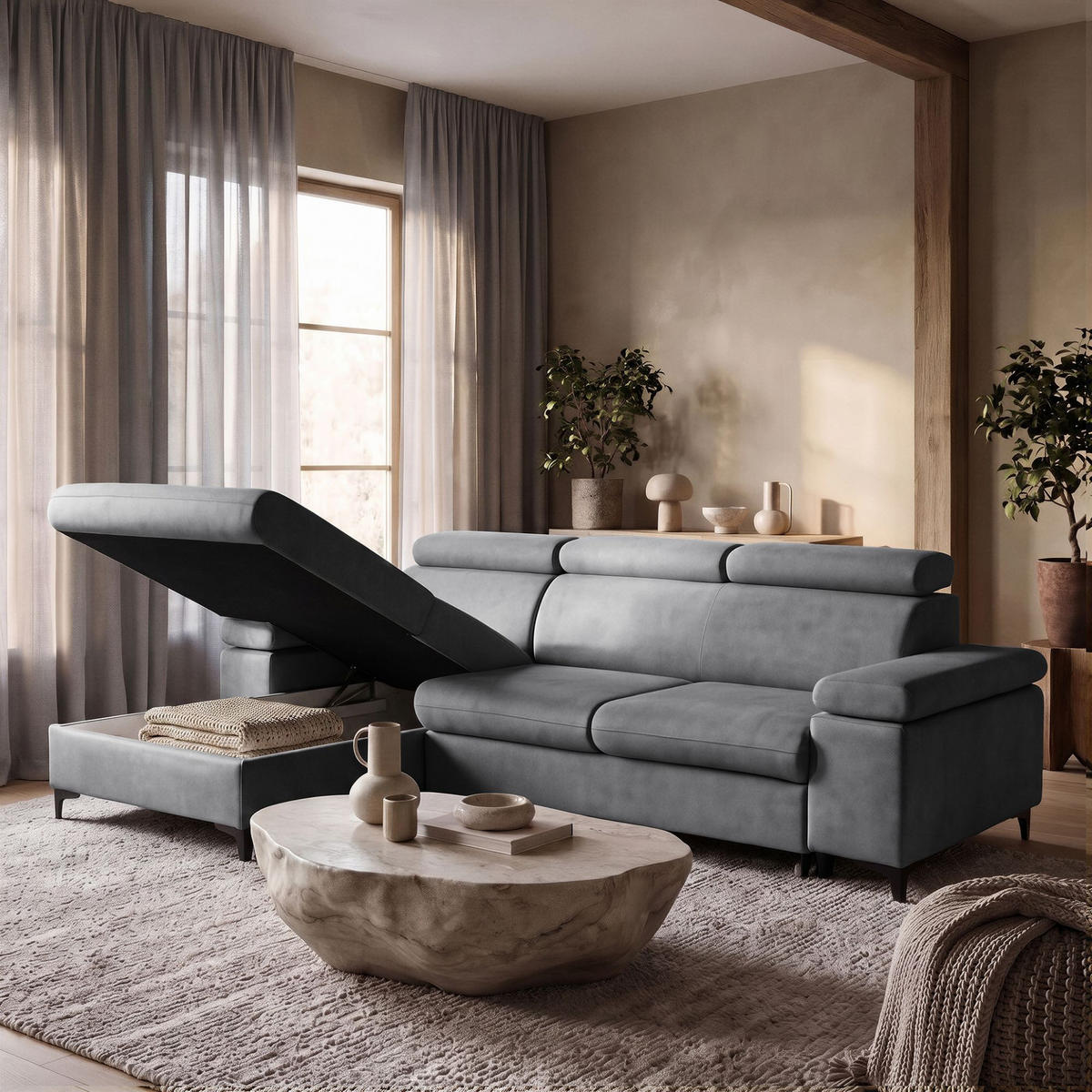 ECKSOFA MAVIC L Links mit Schlaffunktion Velours Grau - Schwarz/Grau, Glas/Holz (176/257cm) - Muffo