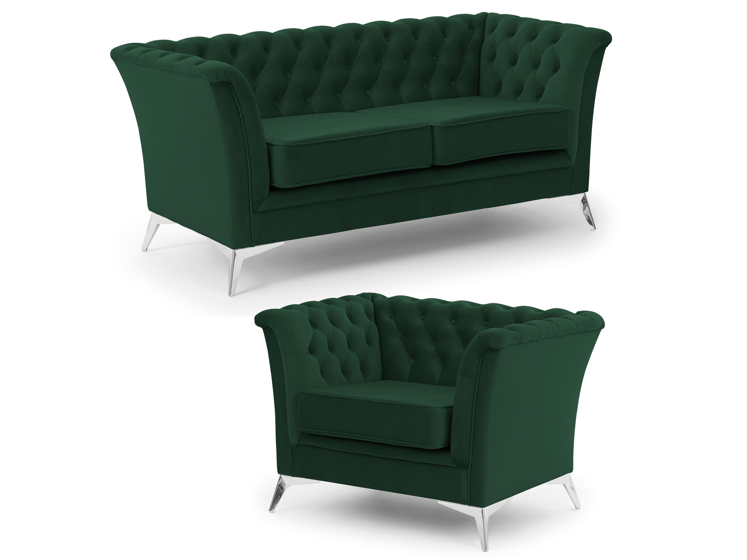 SITZGARNITUR 2+1 Chesterfield Whitby Flaschengrün Samt mit silbernen Füßen - Dunkelgrün/Dunkelgrau, Holz/Textil (175/78/82cm) - S-Style Möbel