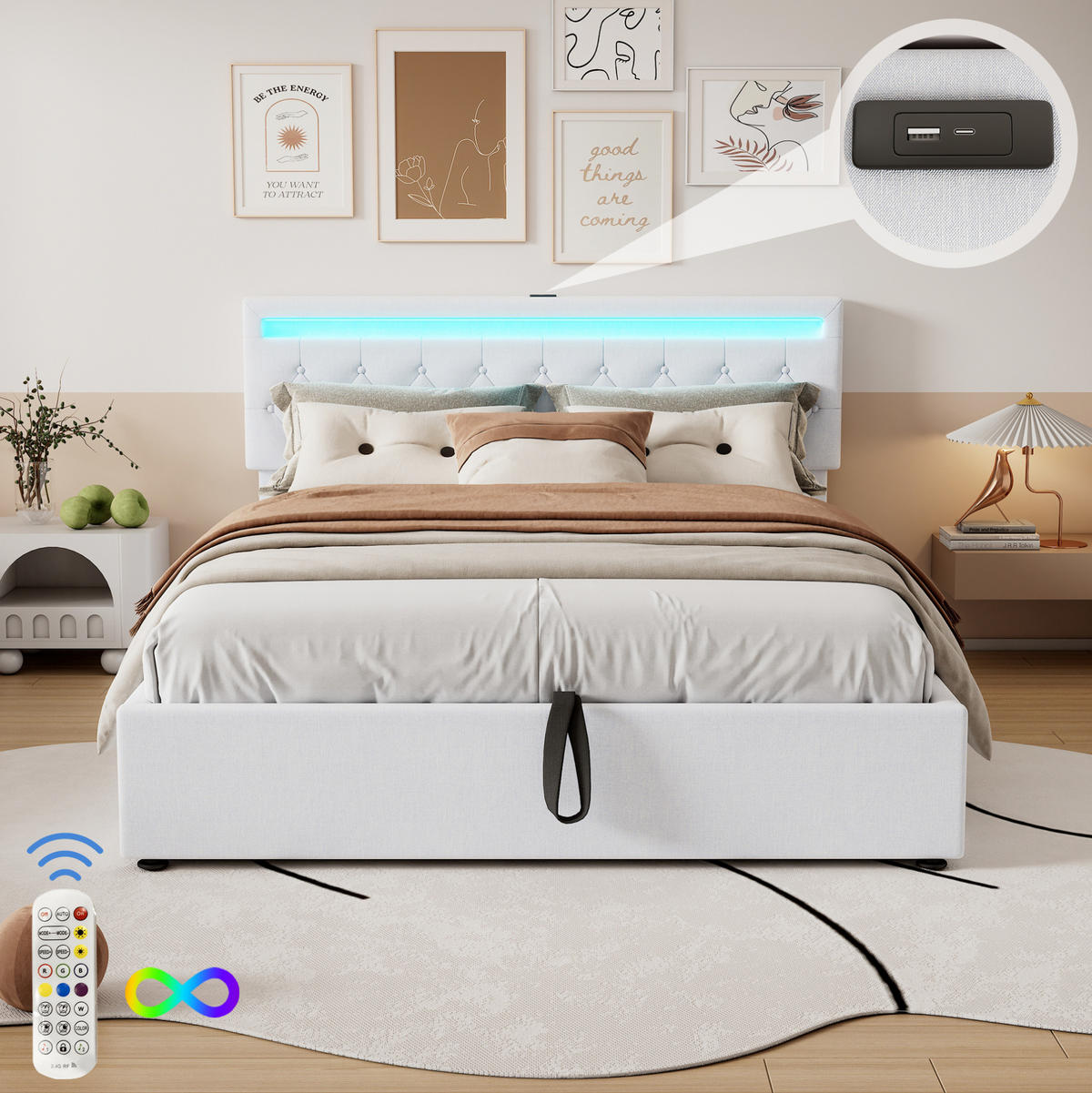 POLSTERBETT 160/200 cm Weiß mit LED-Beleuchtung und hydraulischem Stauraum - Weiß, Textil (160/200cm) - OKWISH