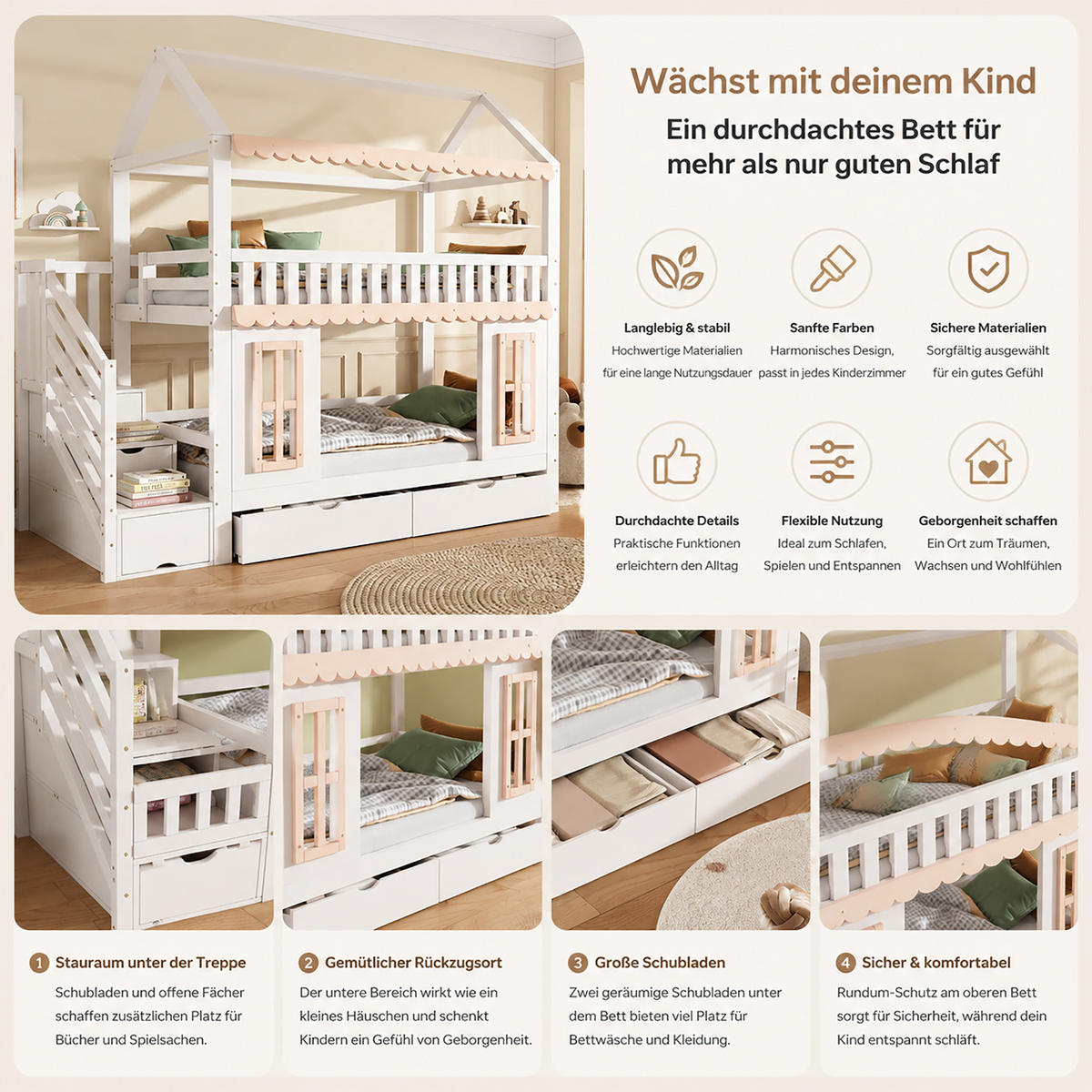 ETAGENBETT 90/200 cm in Weiß & Natur mit Schubladen und Stauraum - Weiß, Holz/Holzwerkstoff (90/200cm) - WISHDOR