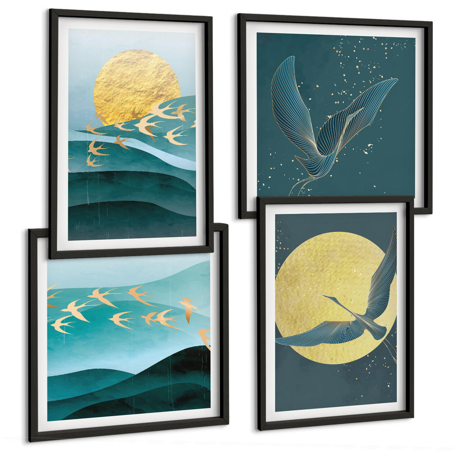 BILDER SET 4er Set - 50x50 cm & 40x60 cm Schwarzer Rahmen - Stilvolle Landschaften mit Vögeln - Schwarz, Kunststoff (50/50cm) - TULUP