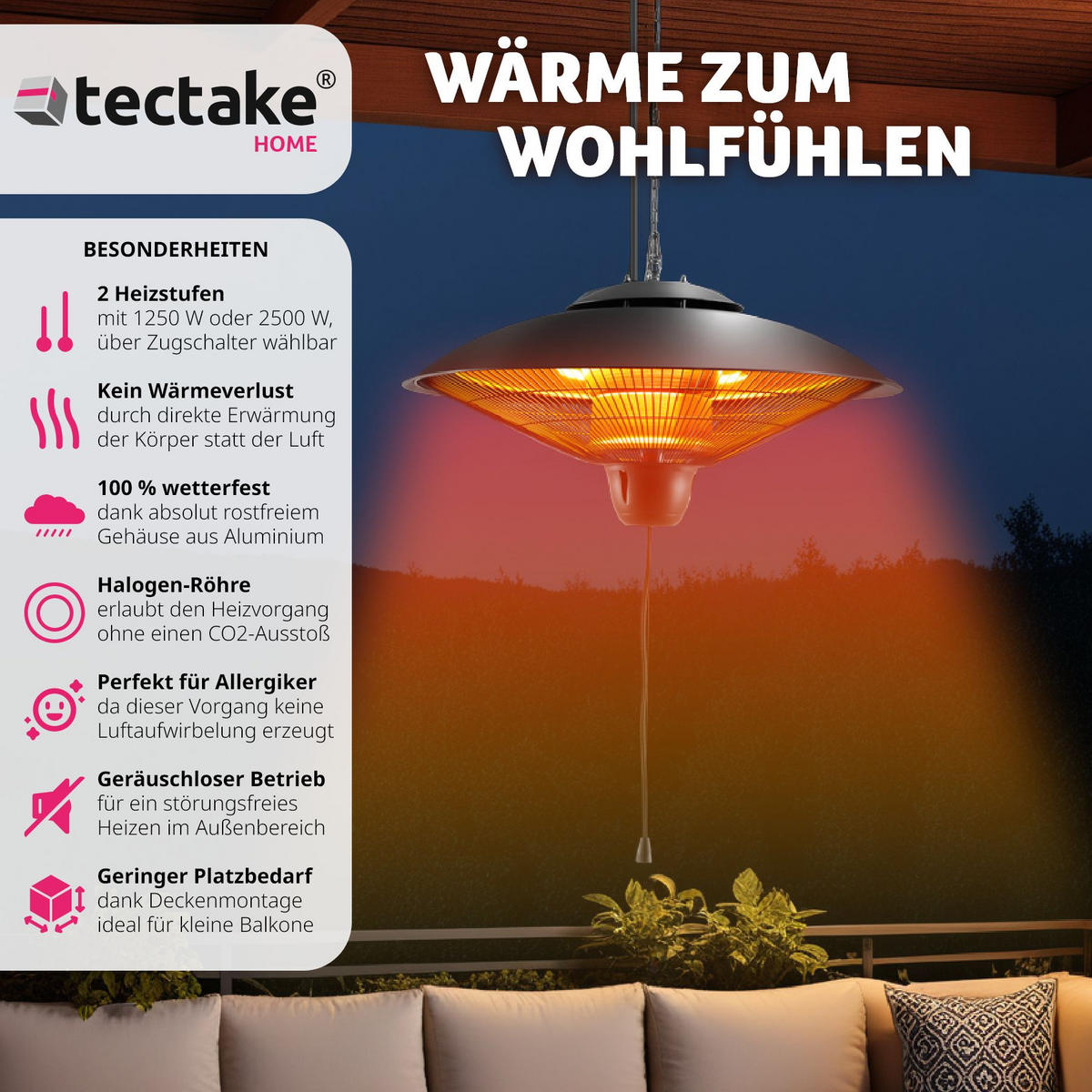 INFRAROTHEIZSTRAHLER Solaris Orbit,einfache Montage, 58 x 58 x 32 cm,schwarz - Schwarz, Metall (58/32/58cm) - tectake