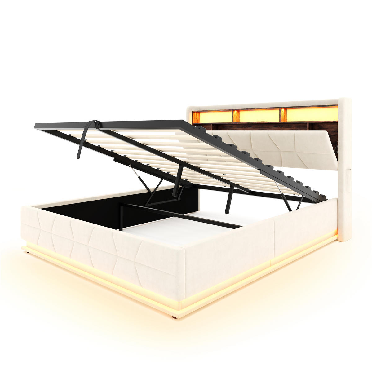 POLSTERBETT aus Samt 140x200 cm in Beige mit LED & USB/Type-C - Beige, Textil (140/200cm) - Modfu