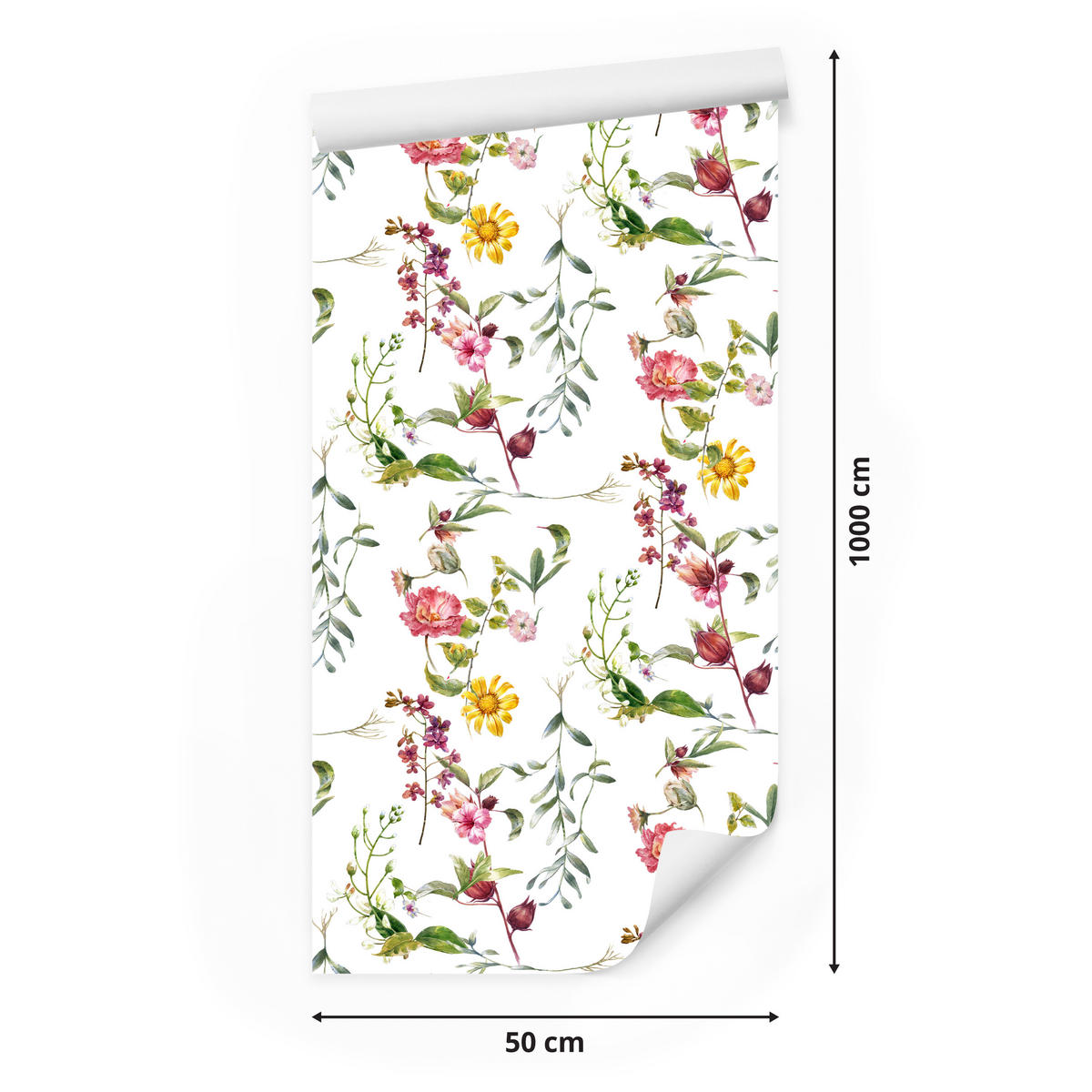 VLIESTAPETE Aquarell-Wiesenblumen – Rosa, Gelb, Grün, Weiß – 50x1000 cm - Gelb/Rosa, Papier (50/1000cm) - Muralo