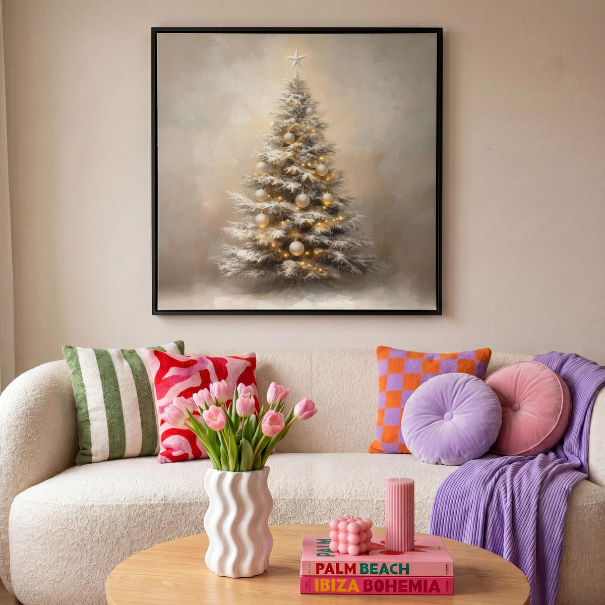 LEINWAND Bilder mit Rahmen - Weihnachten - Weihnachtsbaum - Schnee - Kunst - 90x90 - Champagner, Textil (90/90cm) - MuchoWow