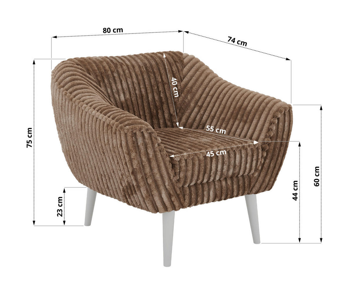SESSEL PIRS - Braun Cord - Weiße Beine - Braun/Weiß, Holzwerkstoff/Textil (80/75/74cm) - MKS