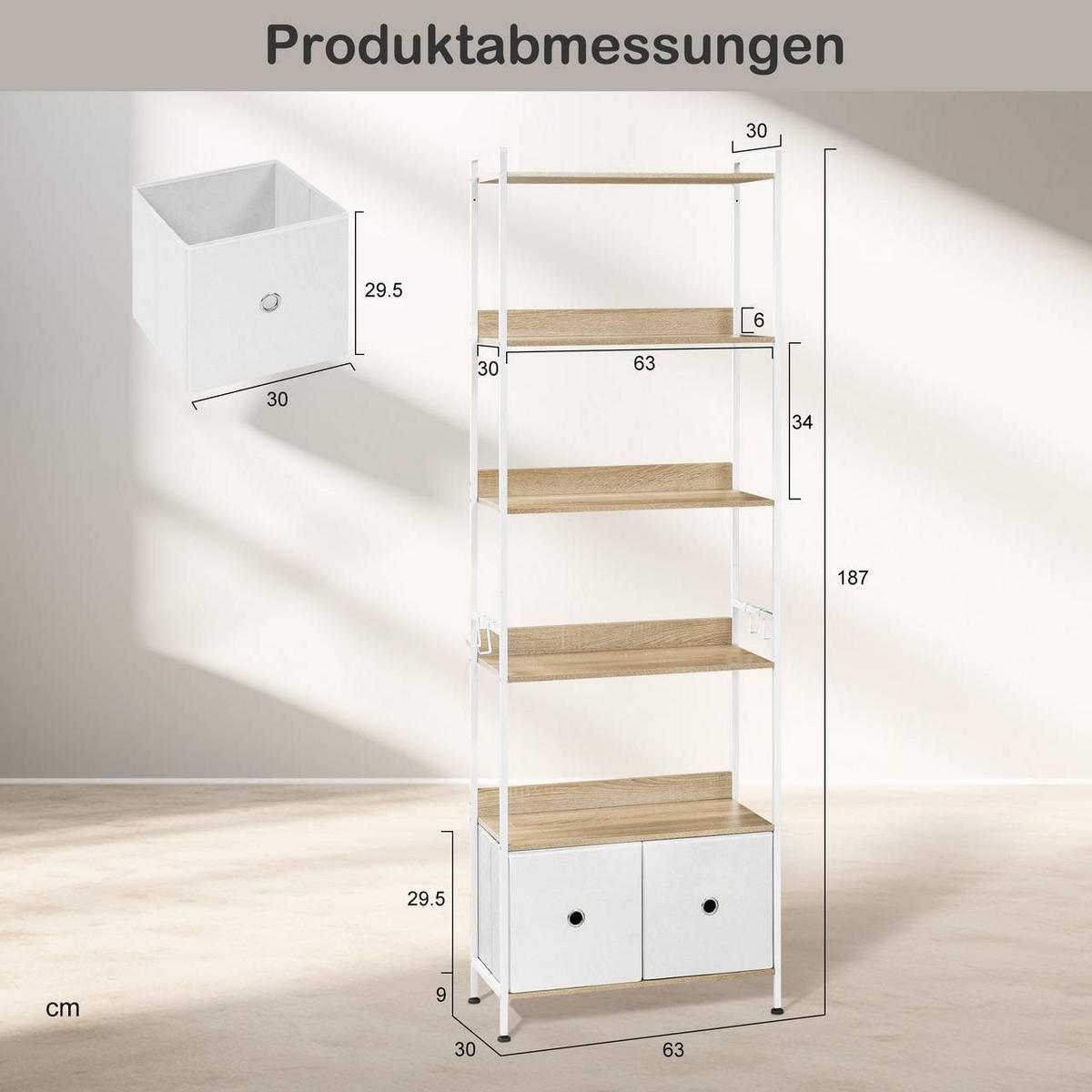 REGAL mit 5 Ablagen, 2 Schubladen, Helle Eiche+Weiß - Eichefarben/Weiß, Holzwerkstoff/Textil (63/187/30cm) - Woltu