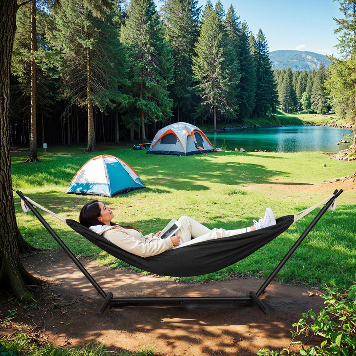 DOPPEL-HÄNGEMATTE mit Gestell – 250 kg, 2 Personen - Beige, Metall (106/100/280cm) - Auledio
