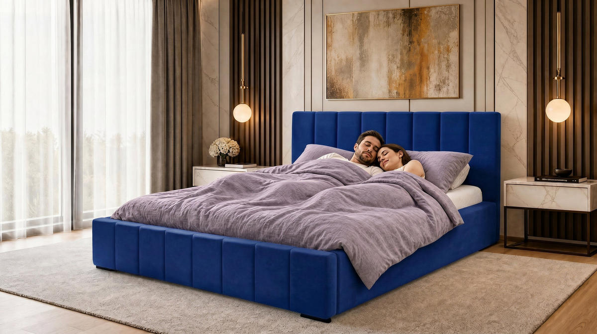 MARPUR Polsterbett NERO 180x200 cm mit Bettkasten und Lattenrost, Dunkelblau - Chromfarben/Dunkelblau, Holz/Holzwerkstoff (180/200cm) - Marpur