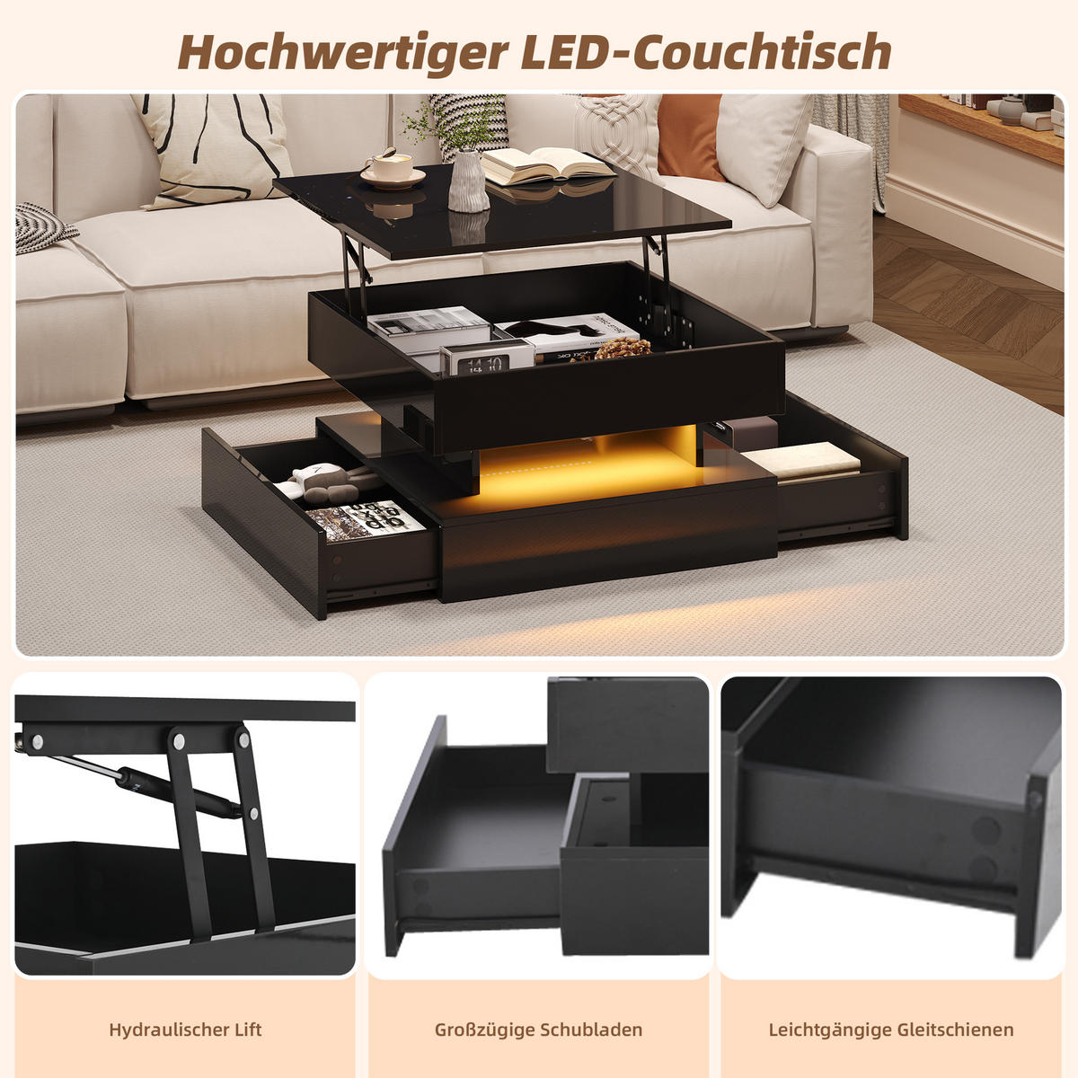 COUCHTISCH 65/65/38,5 cm hochglänzend mit LED-Beleuchtung und 2 Schubladen - Schwarz, Holzwerkstoff (65/65/38.5cm) - OKWISH