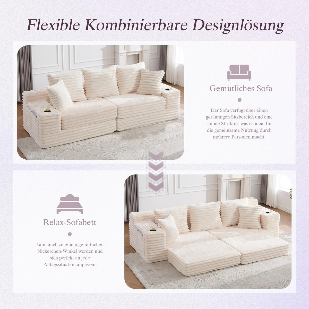 SCHLAFSOFA aus Cord mit Getränkehaltern und Kissen, Beige - Beige, Textil (107.48/34.25/38.58cm)
