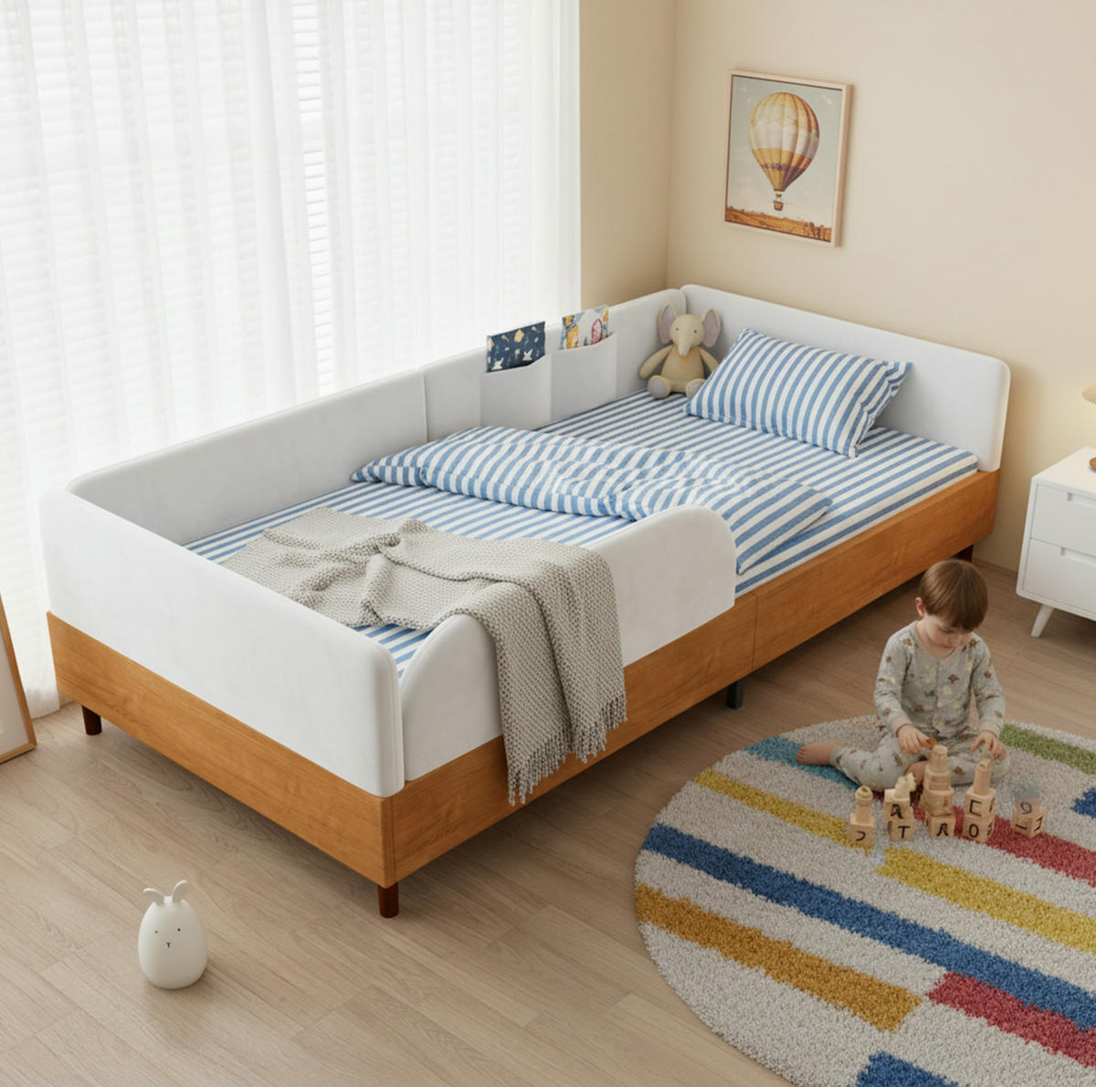 TAPECIRANI krevet 90/200 cm s 2 džepa za pohranu i zaštitnim rubom, Bijela/Natural - prirodne boje, tekstil (90/200cm) - Redom