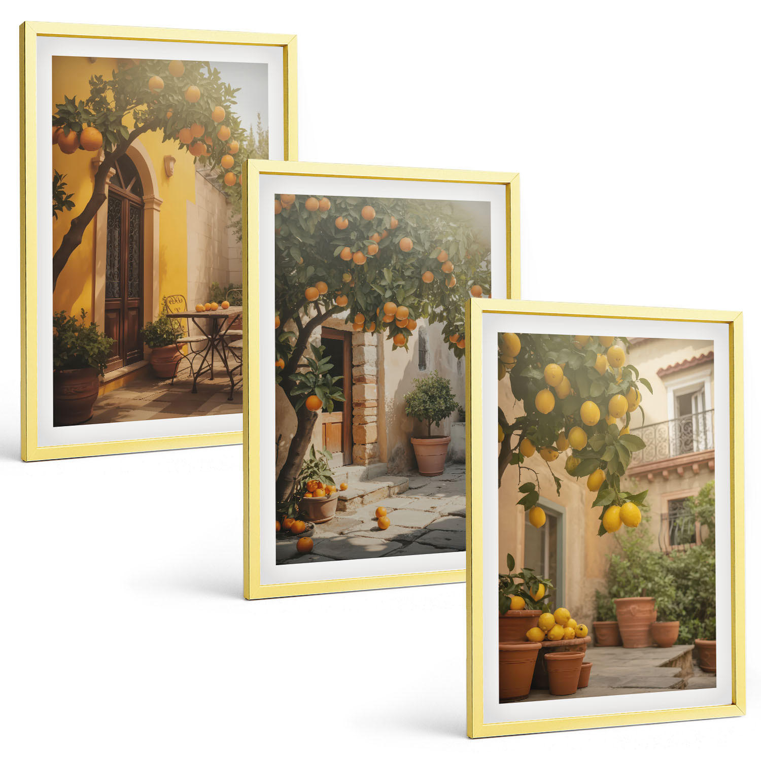 BILDER SET 3er Set - 40x60 cm Goldrahmen - Zitrustöpfe für sonnige Terrassen - Goldfarben, Kunststoff (40/60cm) - TULUP