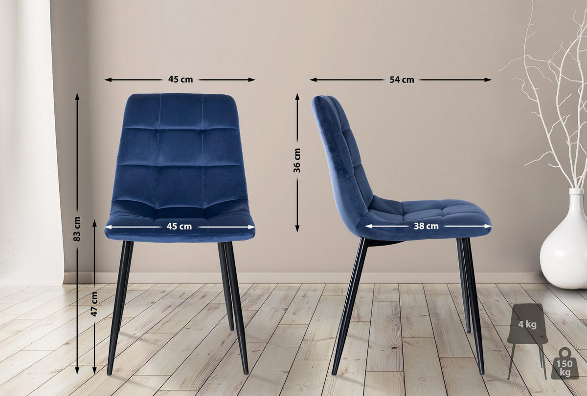 STUHL 2er Set Samt Blau - Blau/Schwarz, Textil/Metall (45/84/55cm) - CLP