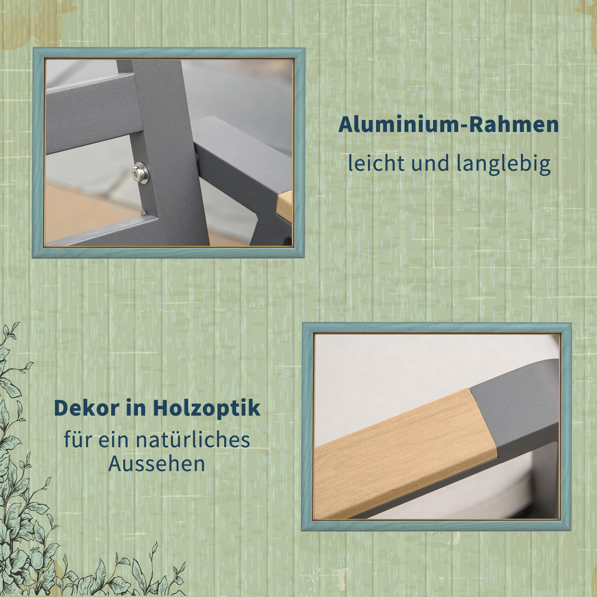 GARTENMÖBEL-SET Sitzgruppe 1 Tisch+6 Stühle mit Auflagen Wetterfest Alu Schwarz+Grau - Grau, Holz/Kunststoff - Outsunny