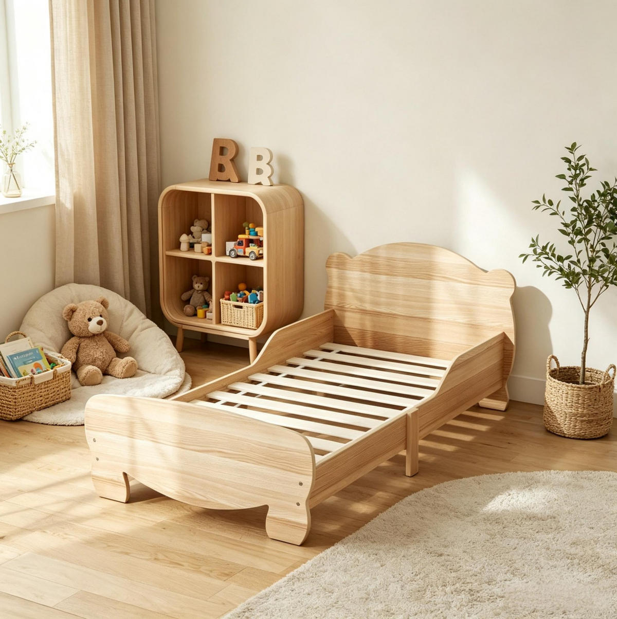 KINDERBETT aus MDF 70x140 cm Natur mit Seitenschutz und Bärenmotiv - Eichefarben, Holzwerkstoff (70/140cm) - Modfu