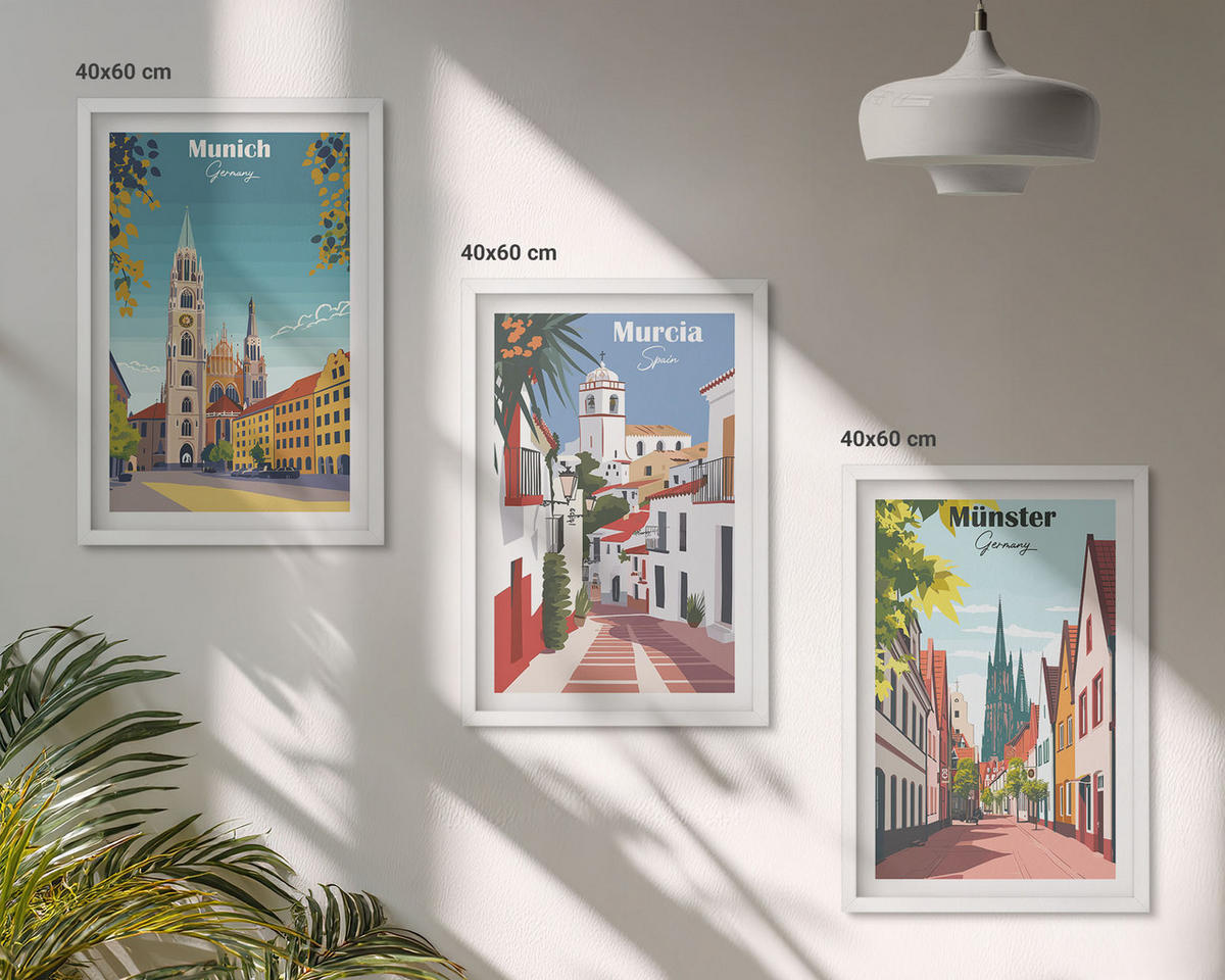 BILDER SET 3er Set - 40x60 cm Weißer Rahmen - Europäische Städte in farbigen Zeichnungen - Weiß, Kunststoff (40/60cm) - TULUP
