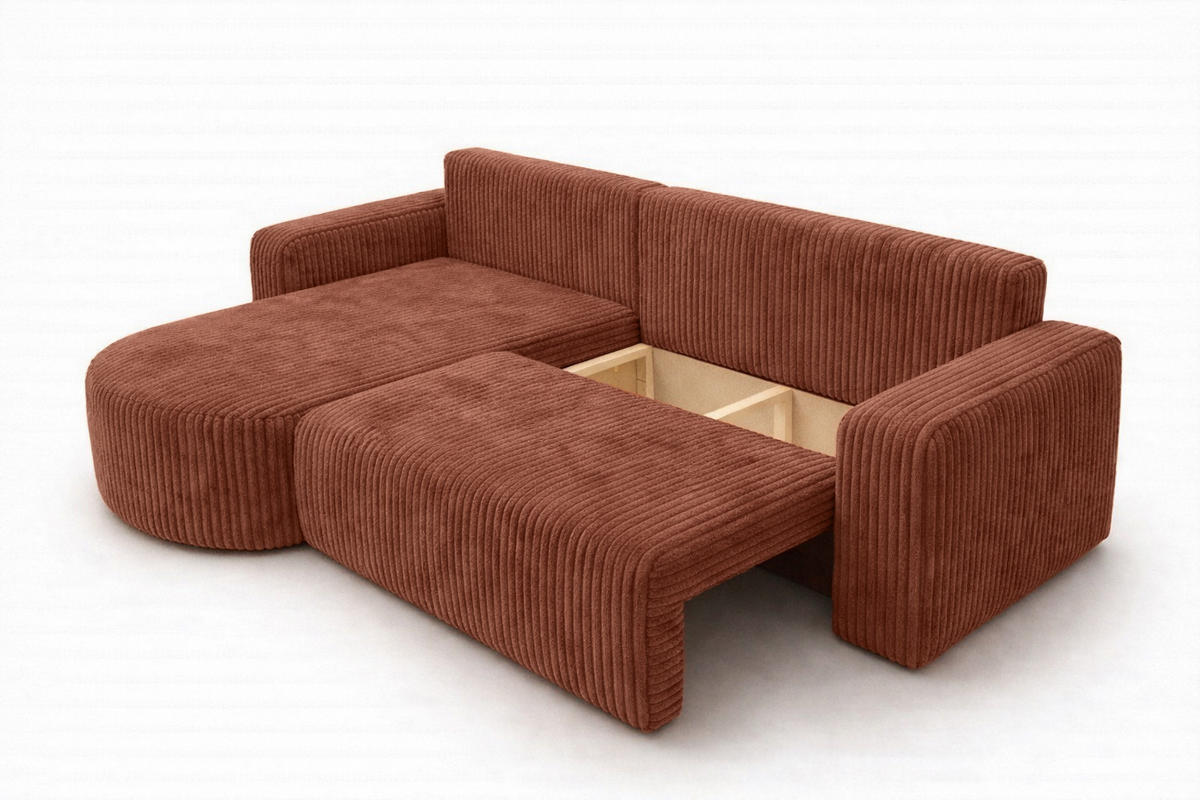 ECKSOFA Mit Schlaffunktion, Cordstoff Tilia, Kupfer, Links, ROUND ONE XL - Orange, Holz (271/175cm) - Kaiser Möbel