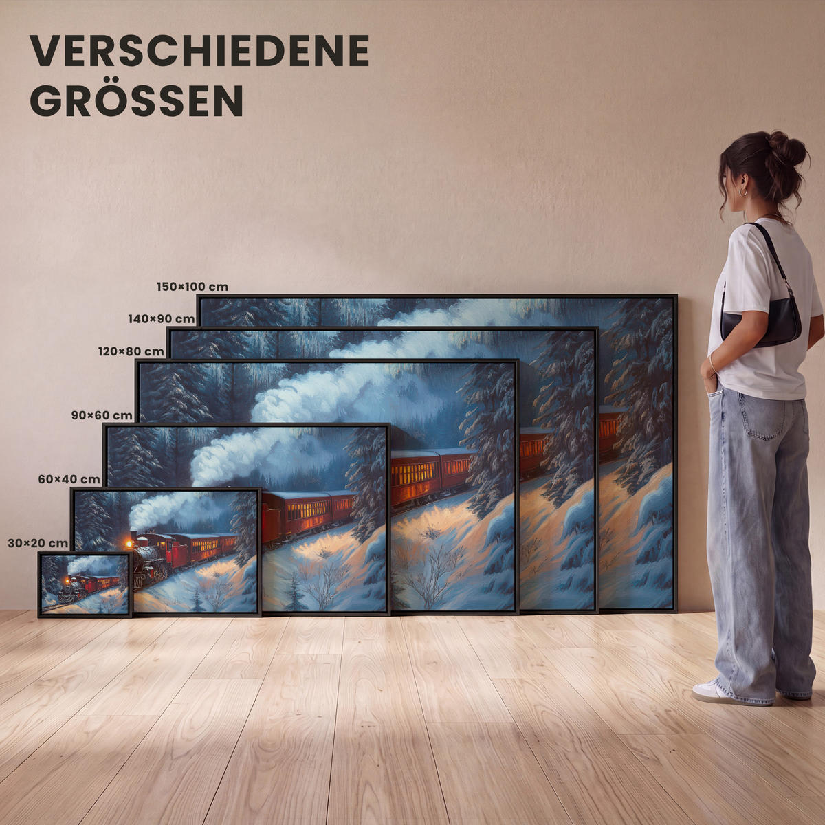 LEINWAND Bilder mit Rahmen - Zug - Weihnachten - Schnee - Weihnachtszug - 140x90 - Anthrazit, Textil (140/90cm) - MuchoWow