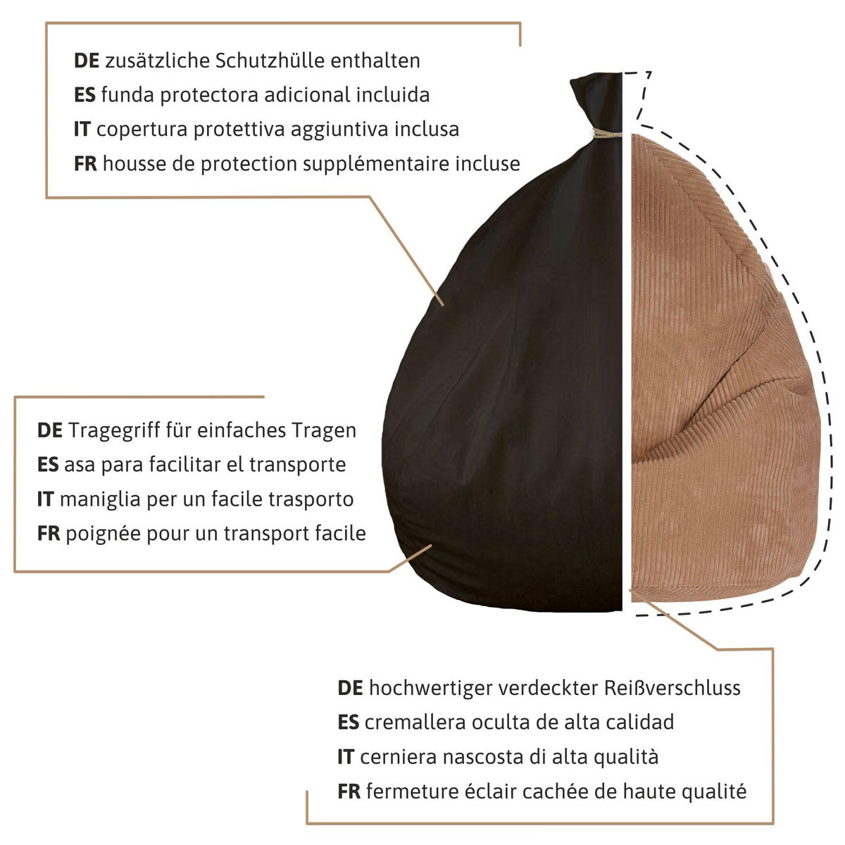 SITZSACK MIT FUßSTÜTZE Kordsamt 2-tlg Brown Bear M - Hellbraun, Textil (80/120/80cm) - Dreamroots