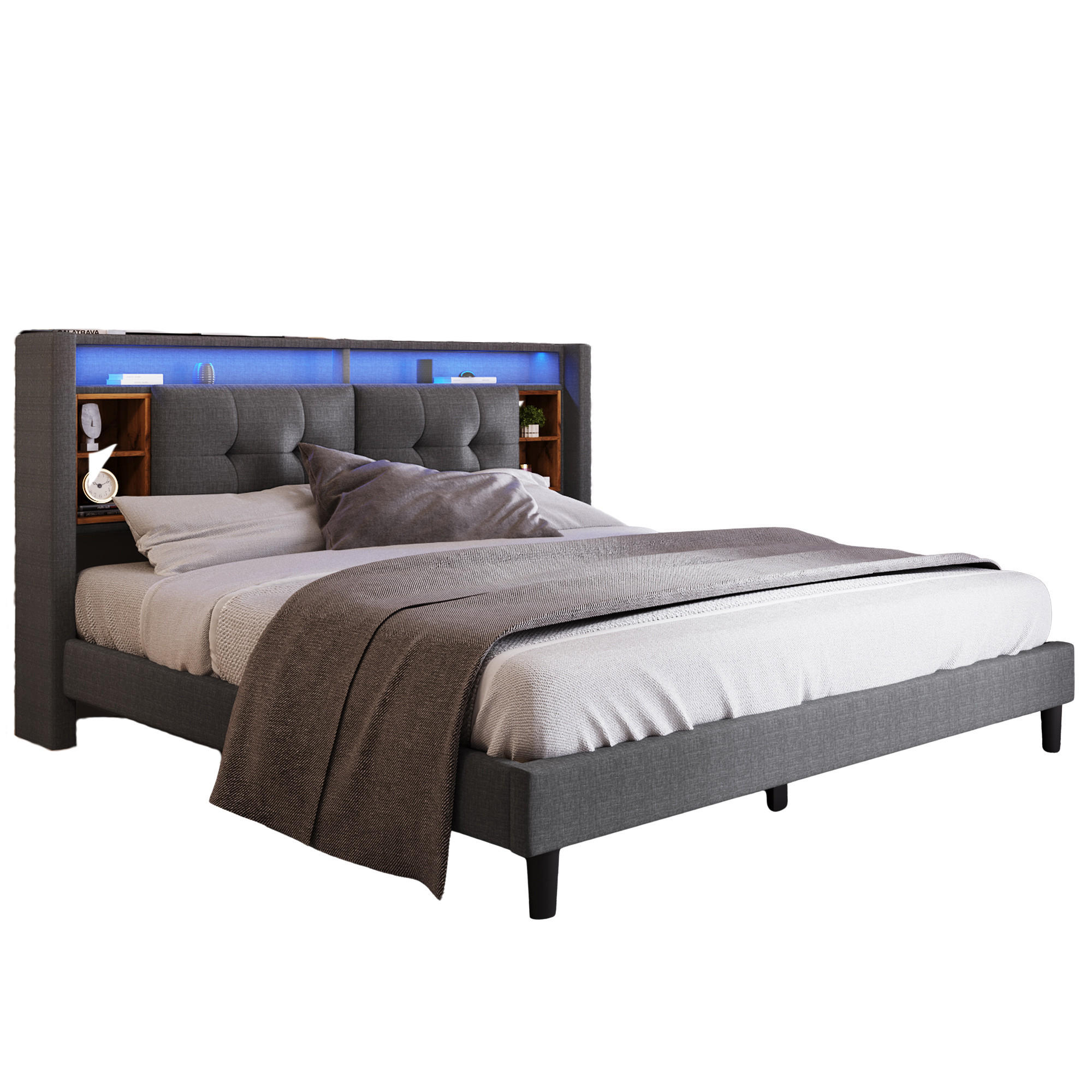 POLSTERBETT 140/200 cm grau mit Stauraum-Kopfteil, USB-Anschlüssen und LED-Beleuchtung - Grau, Holz (140/200cm) - OKWISH