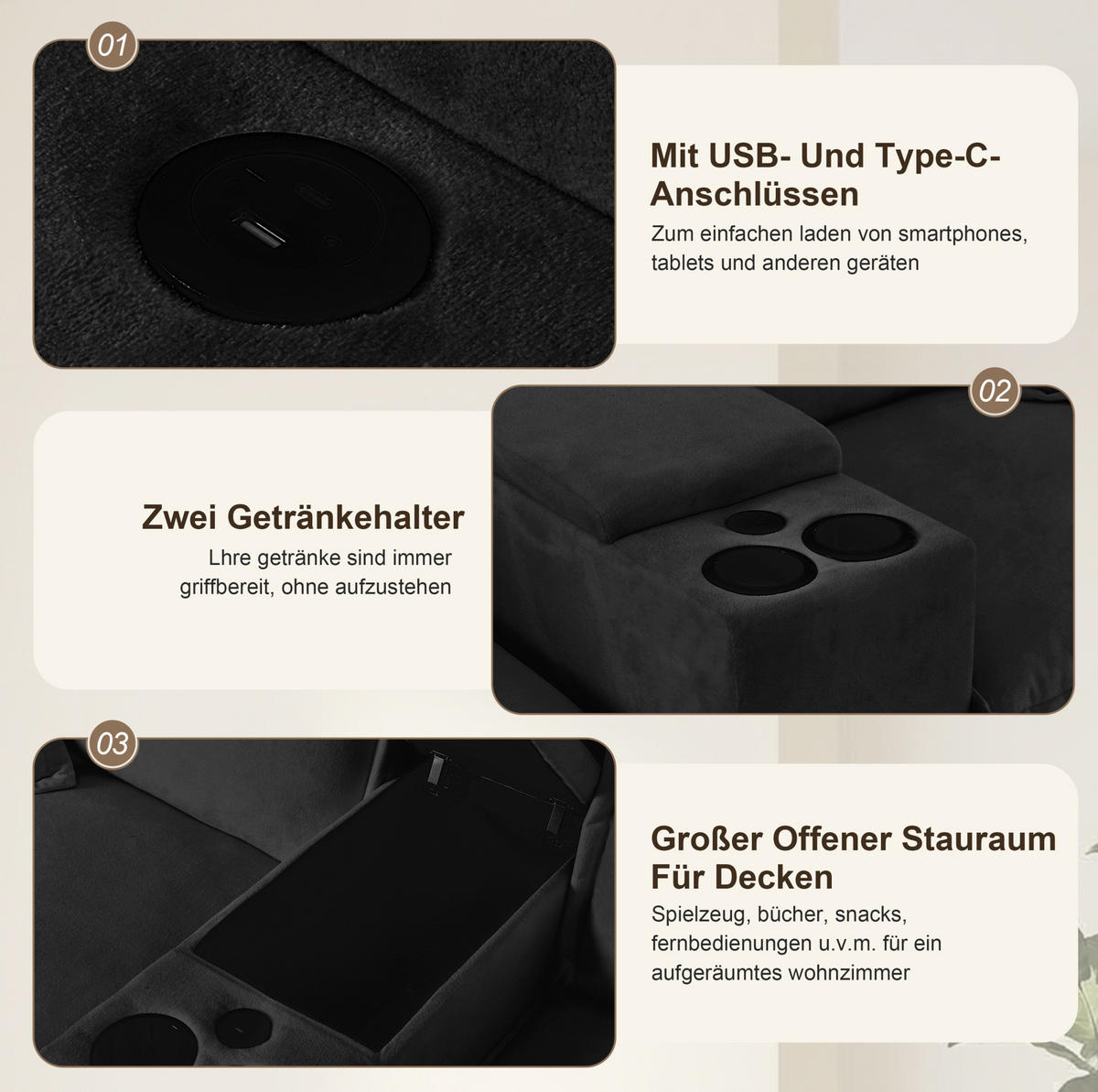 WOHNLANDSCHAFT aus Chenille in Schwarz mit USB-Anschluss & Stauraum - Schwarz, Textil (155/90/364cm) - Modfu