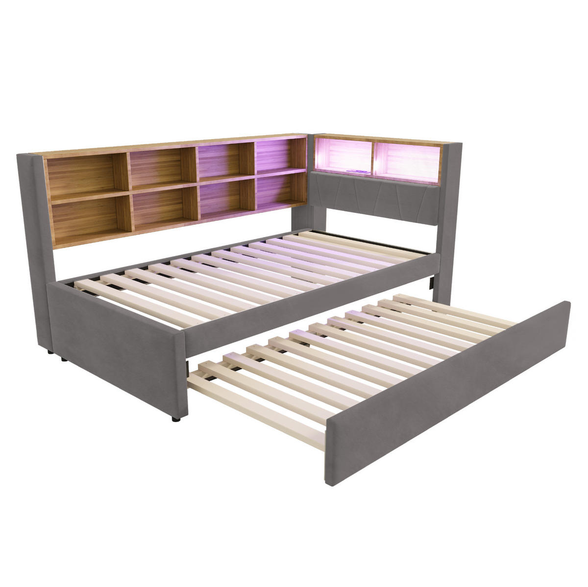 POLSTERBETT mit LED-Beleuchtung 90/200 cm mit Ausziehbett und Stauraum - Dunkelgrau, Textil (90/200cm) - BEAOK
