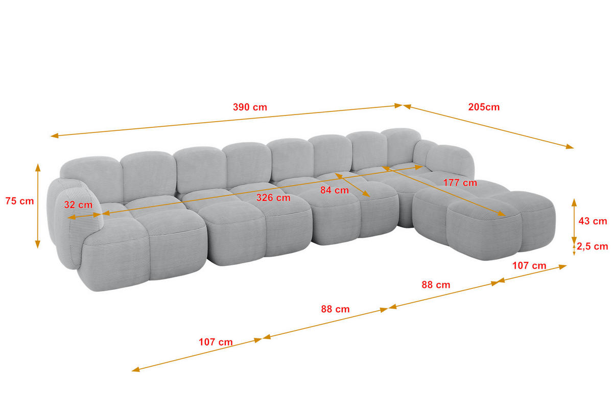 ECKSOFA modulares Sofa Rechts Miko-L3 390x205x75 Grau Cord - Anthrazit/Schwarz, Holzwerkstoff/Kunststoff (390/205cm) - ALTDECOR
