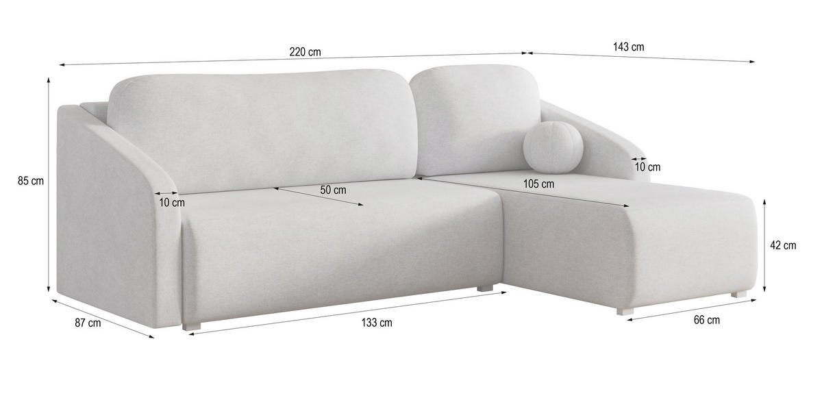 ECKSOFA MARELLO Creme Geflochtener Stoff mit Schlaffunktion - Creme, Holz (220/143cm) - MASSENO