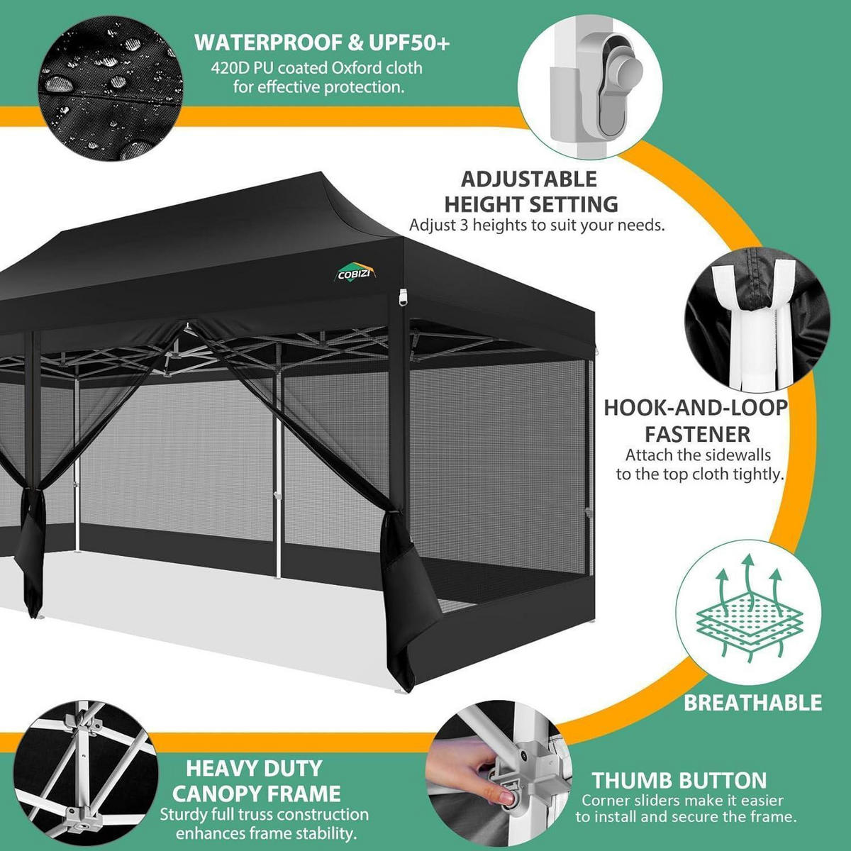 FALTPAVILLON 3x6 m mit Netzseitenwänden Schwarz - Schwarz, Textil (300/355/600cm)
