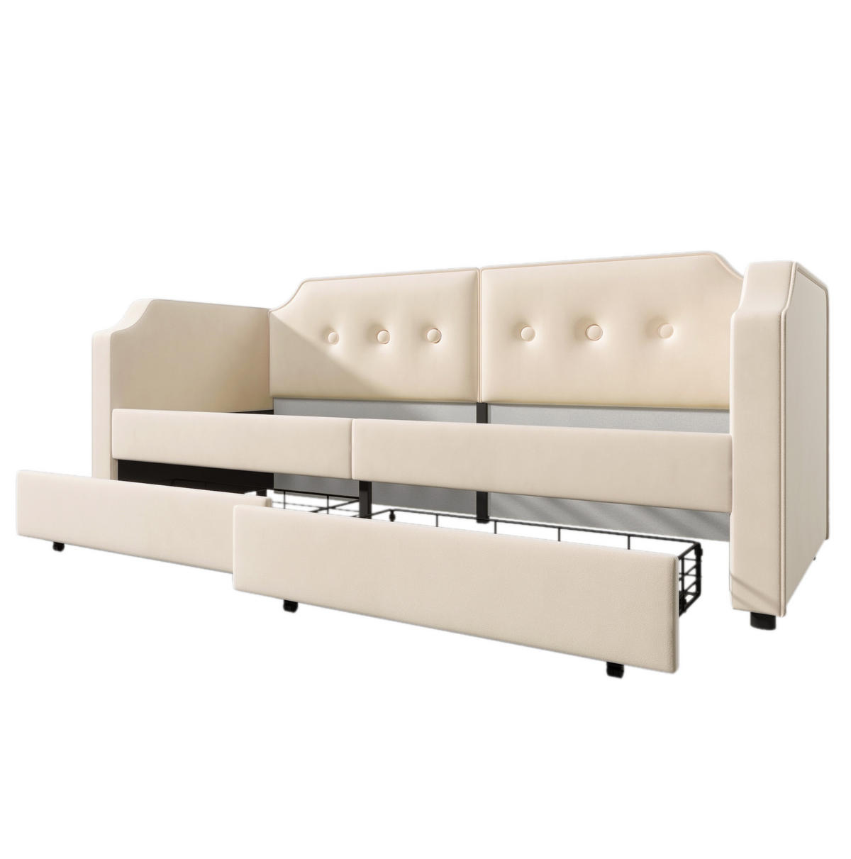 POLSTERBETT aus Samt 90x200 cm Beige mit USB-Type-C, Leselampe und 2 Schubladen - Beige, Textil (90/200cm) - Modfu
